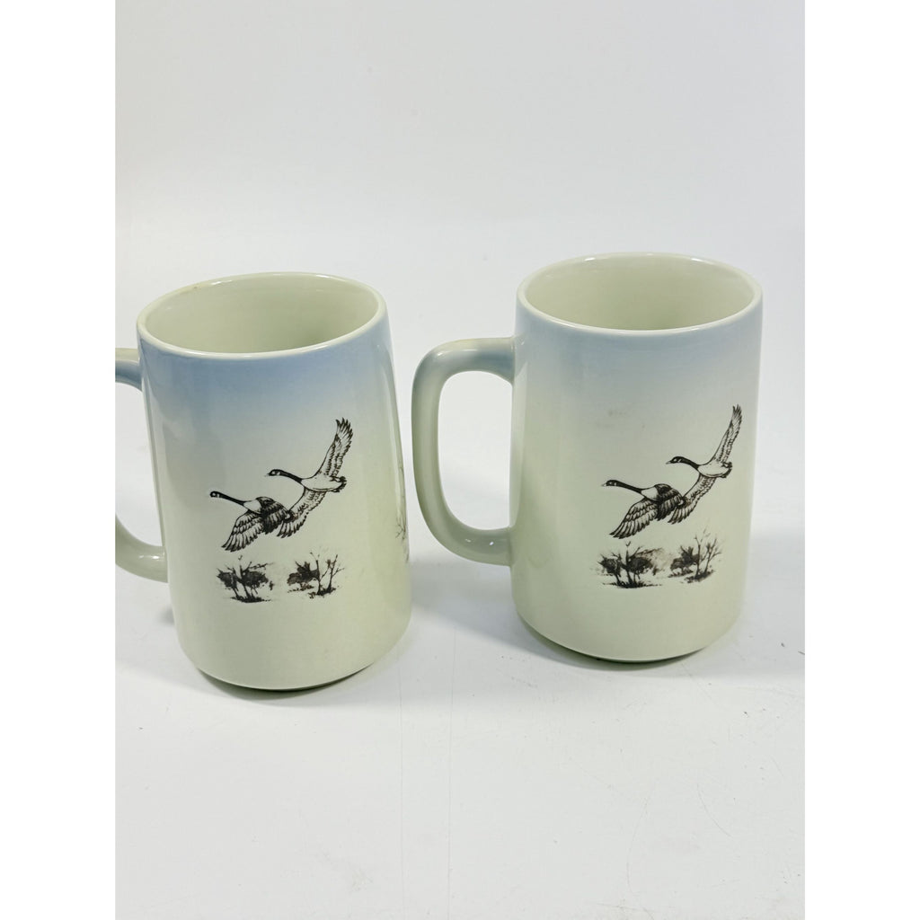 Pottery Coffee Mugs Cups Otagiri Hand Painted Flying Duck Canadian Geese Bird Japan Hunting Lodge Man Cave Vintage Big Handle Pair Set 2