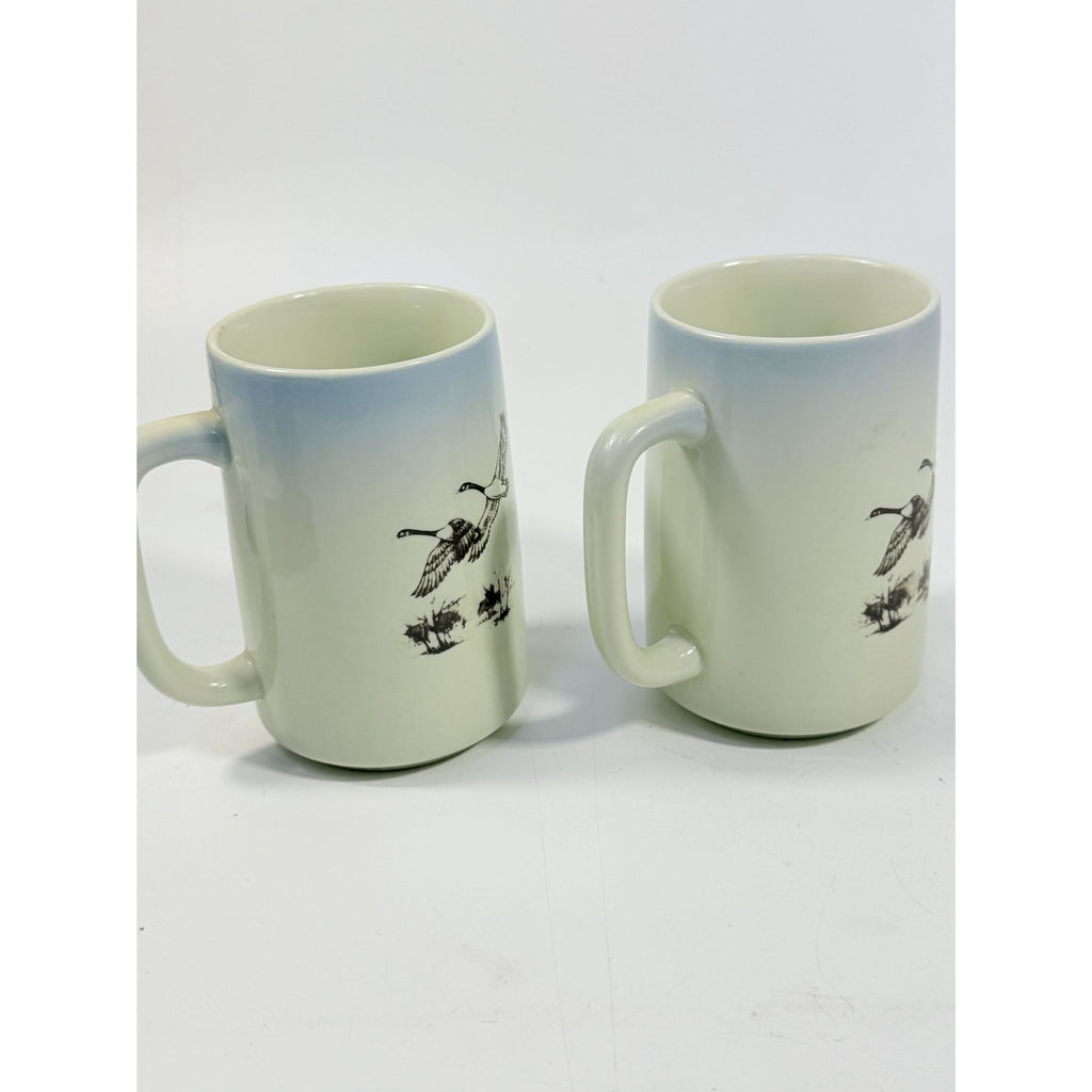 Pottery Coffee Mugs Cups Otagiri Hand Painted Flying Duck Canadian Geese Bird Japan Hunting Lodge Man Cave Vintage Big Handle Pair Set 2