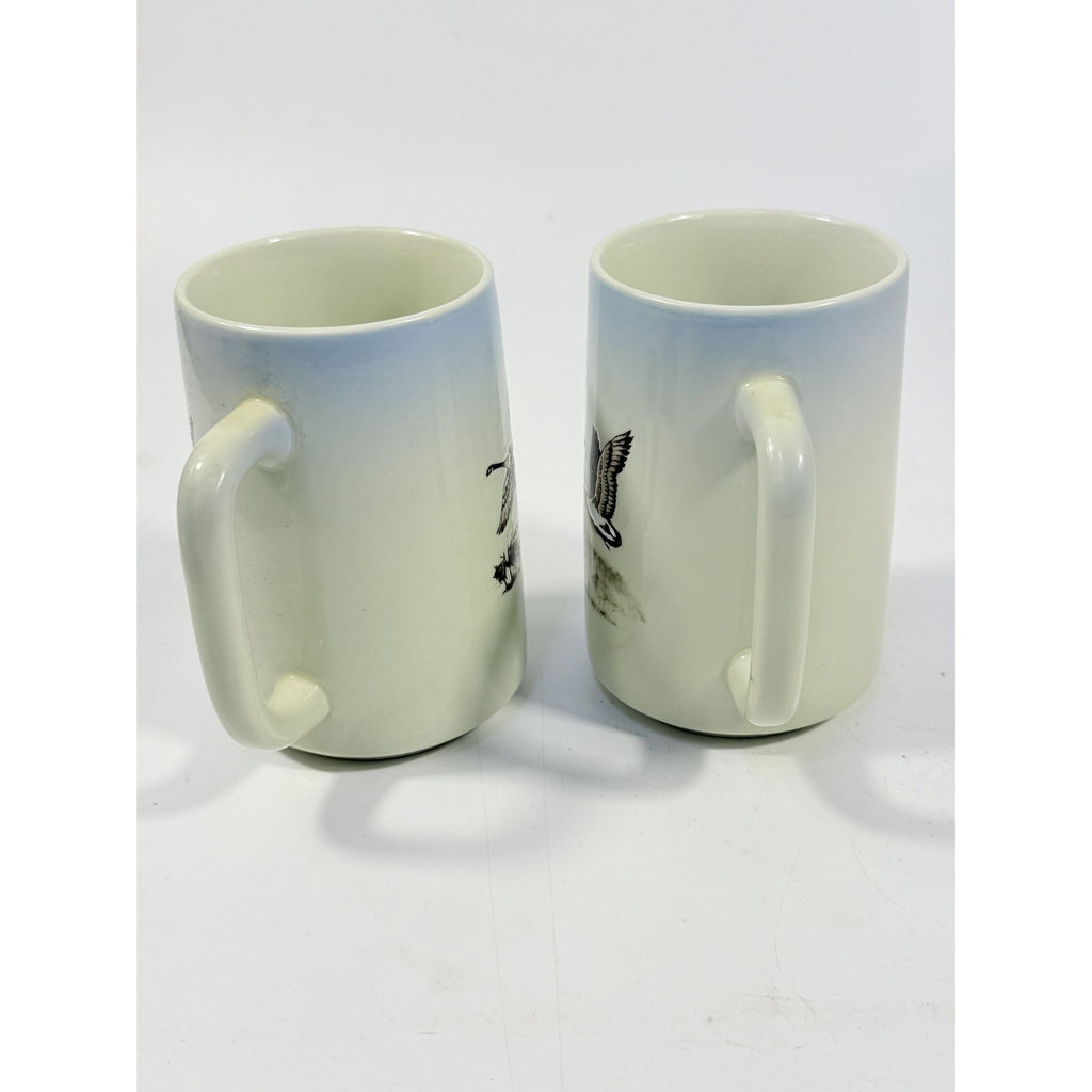Pottery Coffee Mugs Cups Otagiri Hand Painted Flying Duck Canadian Geese Bird Japan Hunting Lodge Man Cave Vintage Big Handle Pair Set 2