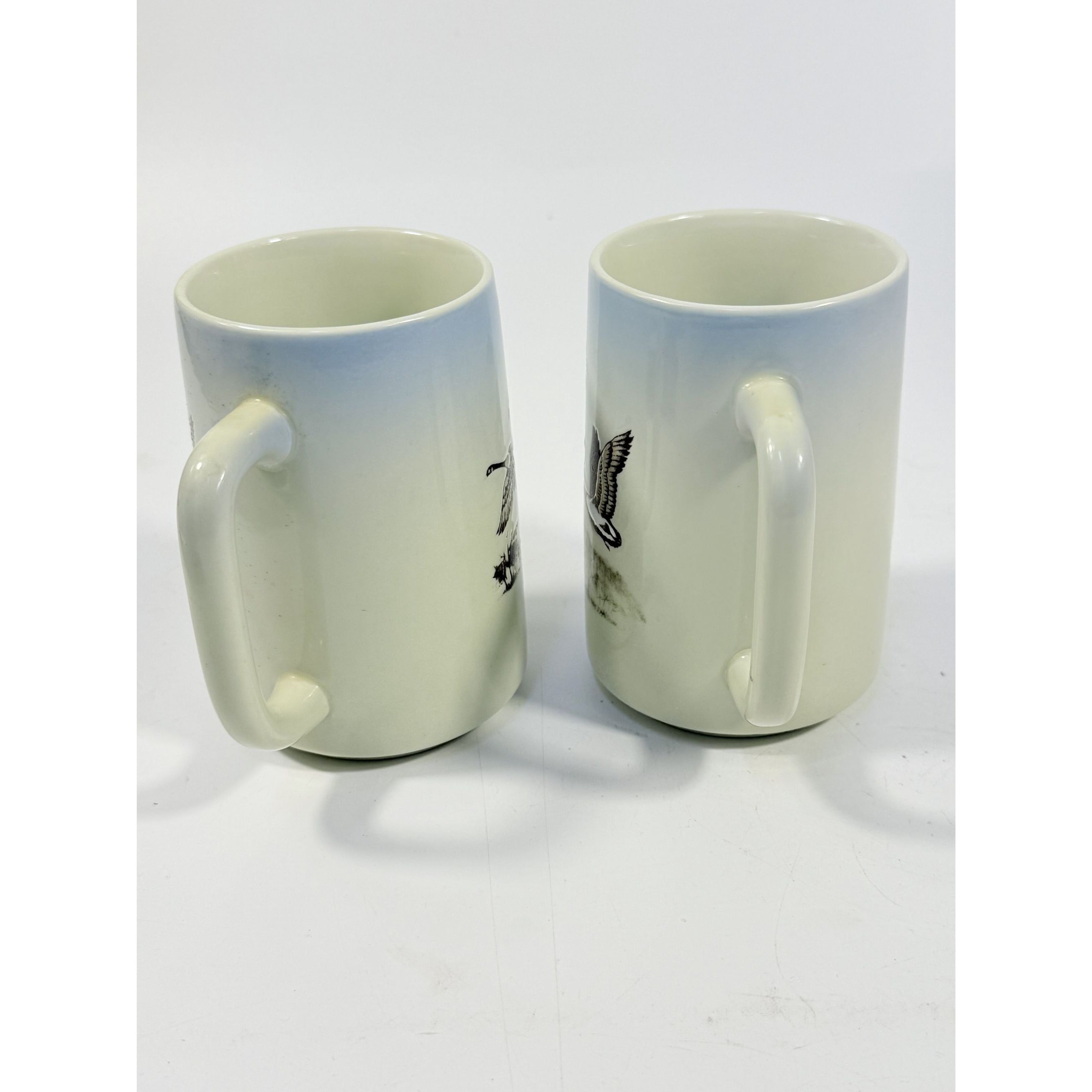 Pottery Coffee Mugs Cups Otagiri Hand Painted Flying Duck Canadian Geese Bird Japan Hunting Lodge Man Cave Vintage Big Handle Pair Set 2