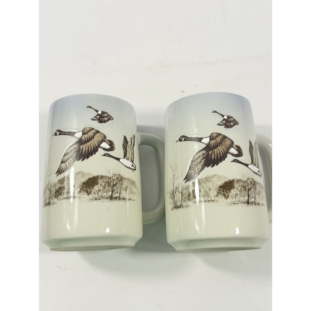 Pottery Coffee Mugs Cups Otagiri Hand Painted Flying Duck Canadian Geese Bird Japan Hunting Lodge Man Cave Vintage Big Handle Pair Set 2