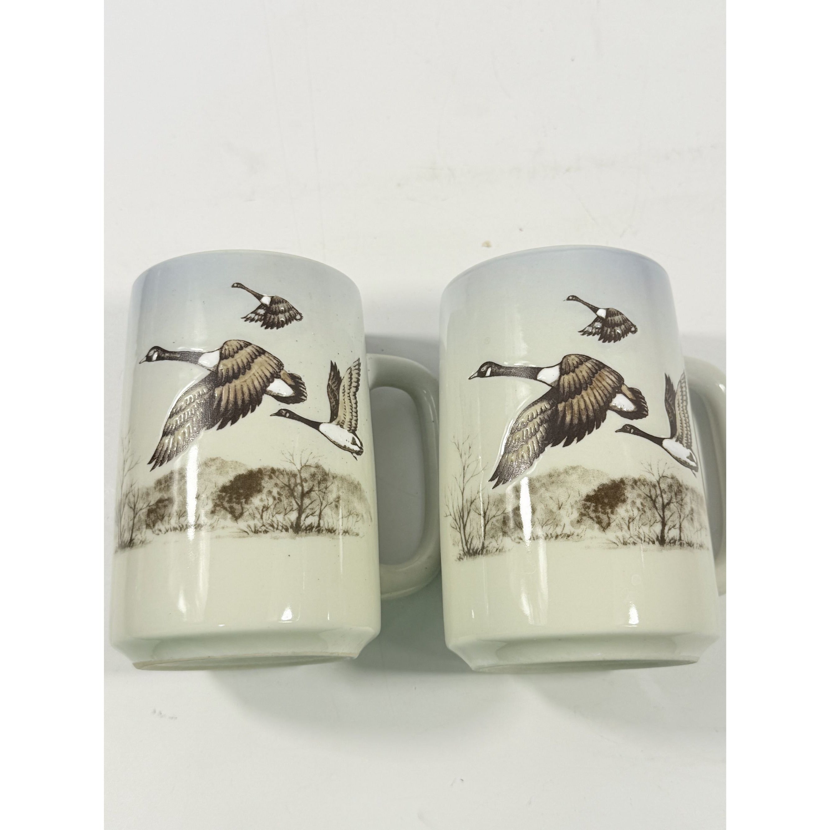 Pottery Coffee Mugs Cups Otagiri Hand Painted Flying Duck Canadian Geese Bird Japan Hunting Lodge Man Cave Vintage Big Handle Pair Set 2