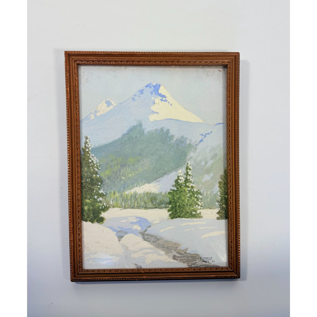 Oil Painting Pastel Winter Landscape Artist signed Starbuck Jones 1936 Vinage Mountain Peks River Snow Scene Framed Home Decor Decorative
