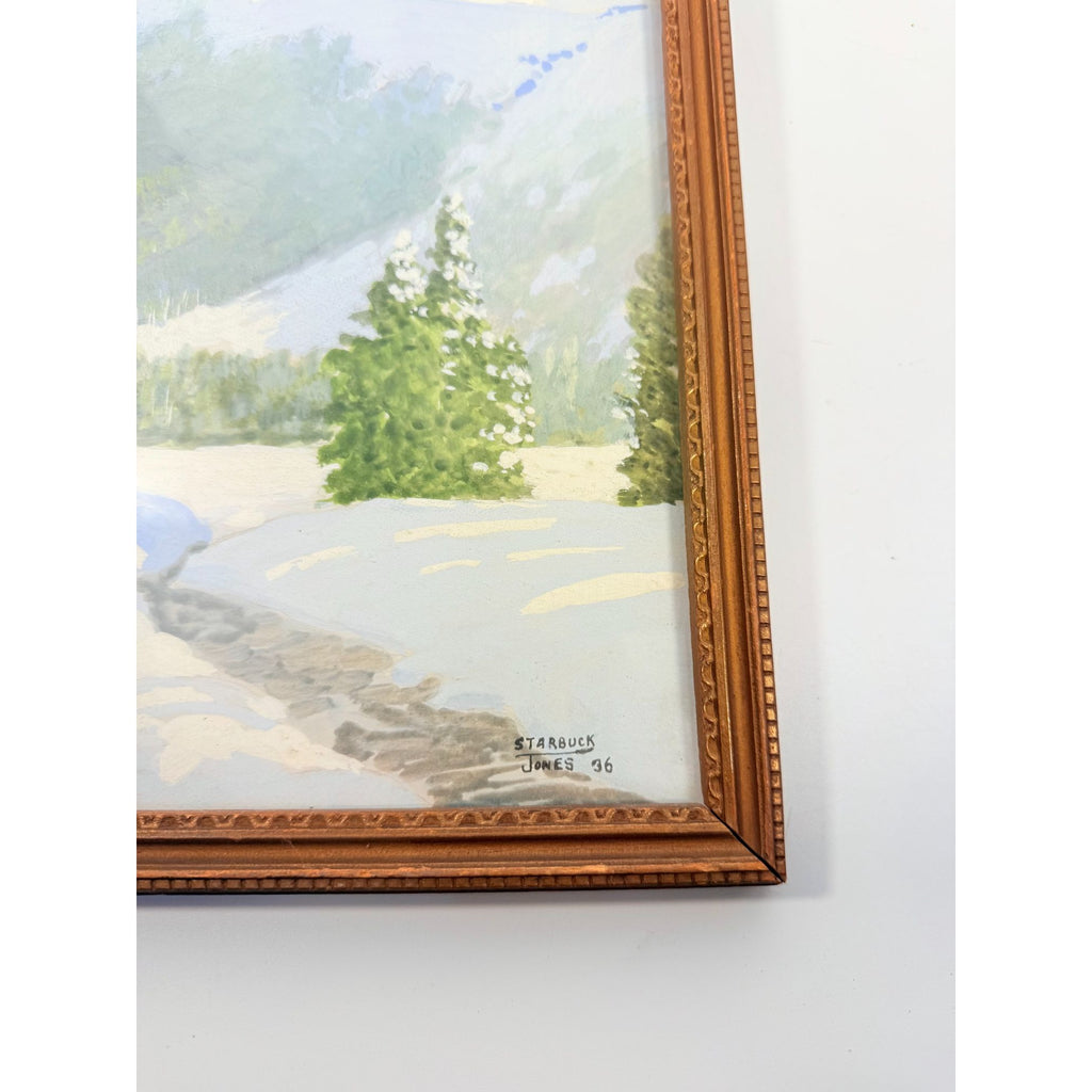 Oil Painting Pastel Winter Landscape Artist signed Starbuck Jones 1936 Vinage Mountain Peks River Snow Scene Framed Home Decor Decorative