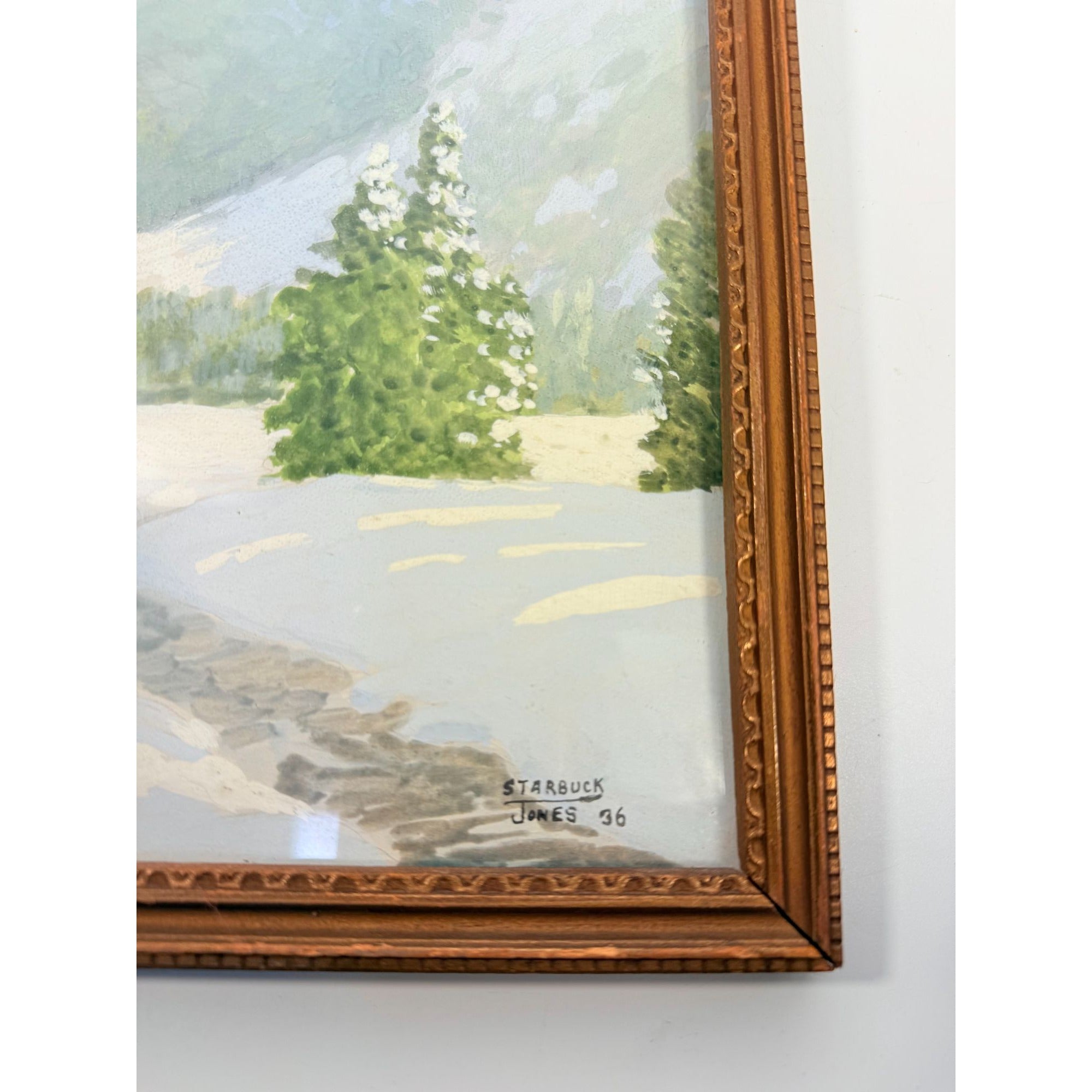 Oil Painting Pastel Winter Landscape Artist signed Starbuck Jones 1936 Vinage Mountain Peks River Snow Scene Framed Home Decor Decorative