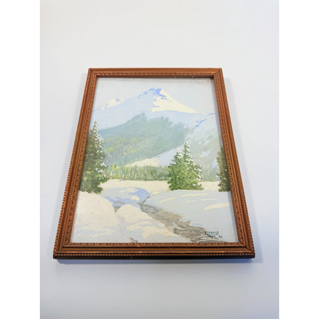 Oil Painting Pastel Winter Landscape Artist signed Starbuck Jones 1936 Vinage Mountain Peks River Snow Scene Framed Home Decor Decorative