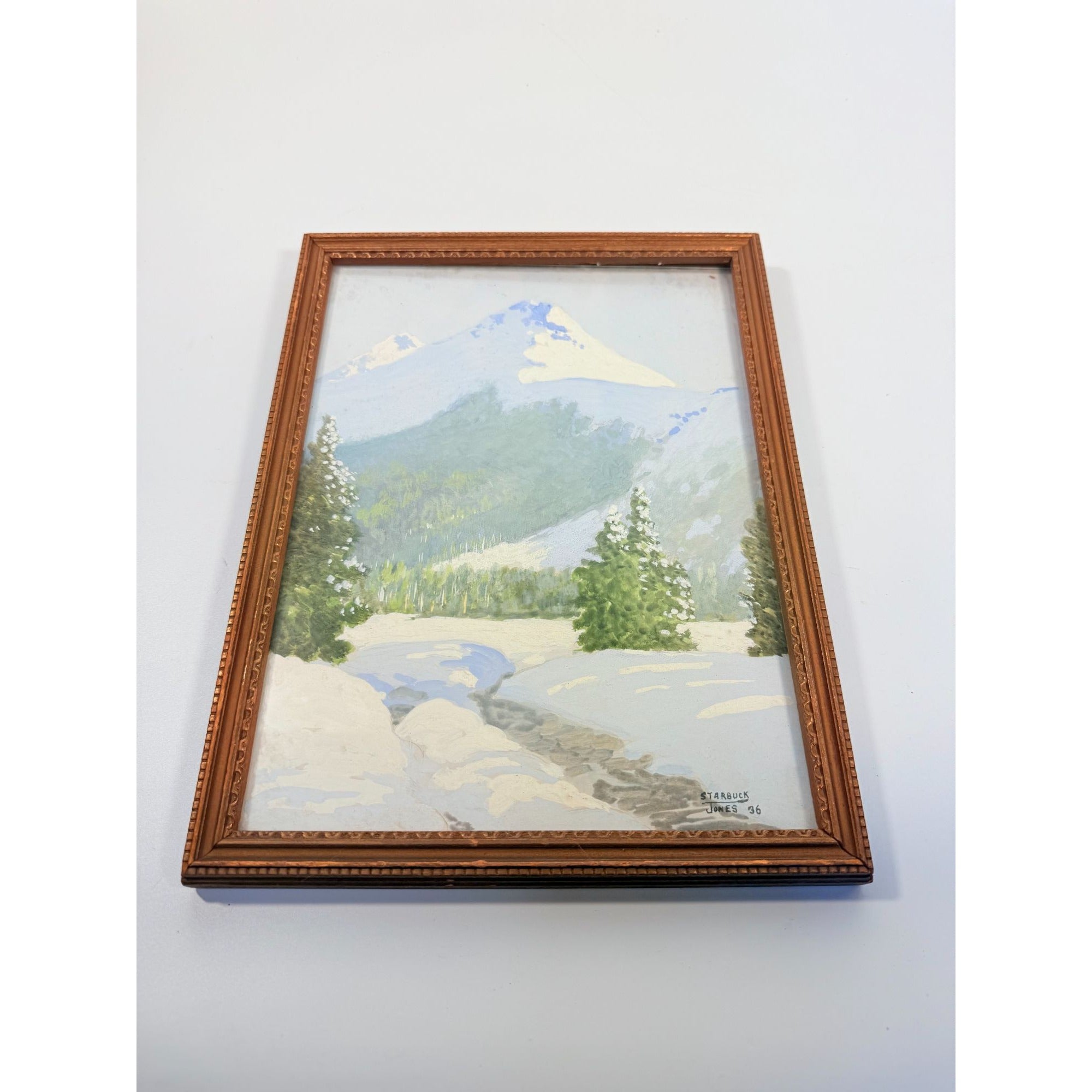 Oil Painting Pastel Winter Landscape Artist signed Starbuck Jones 1936 Vinage Mountain Peks River Snow Scene Framed Home Decor Decorative