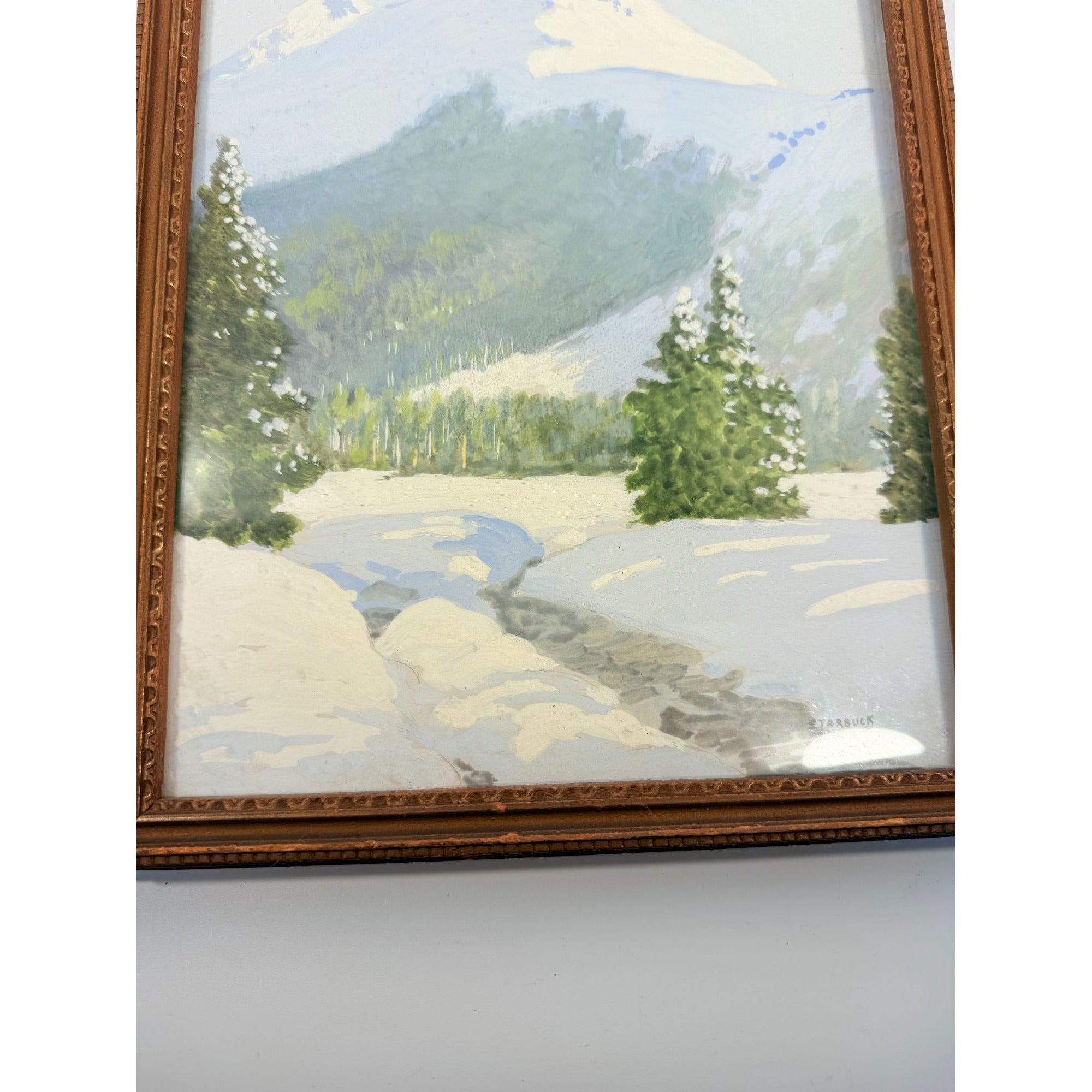 Oil Painting Pastel Winter Landscape Artist signed Starbuck Jones 1936 Vinage Mountain Peks River Snow Scene Framed Home Decor Decorative