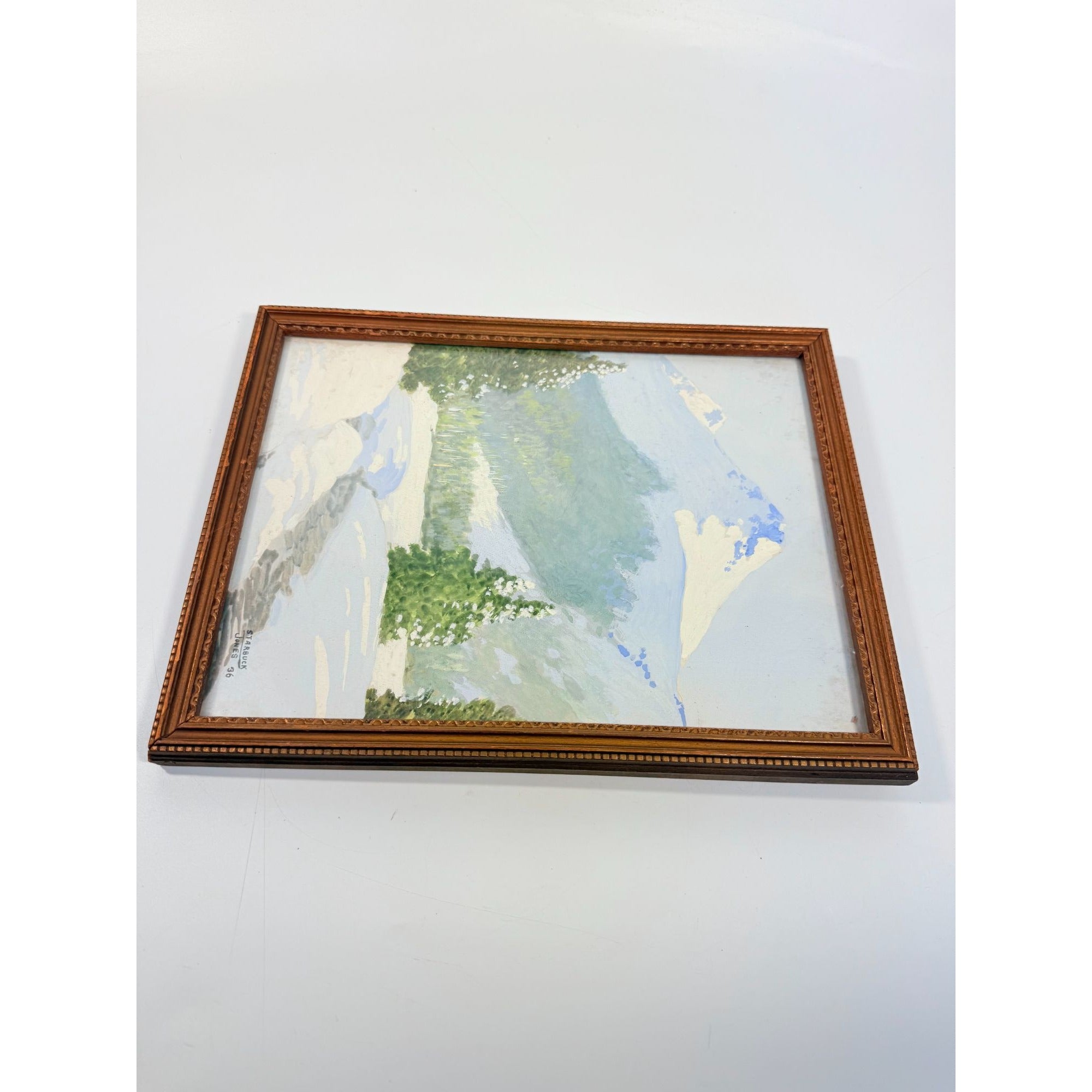 Oil Painting Pastel Winter Landscape Artist signed Starbuck Jones 1936 Vinage Mountain Peks River Snow Scene Framed Home Decor Decorative