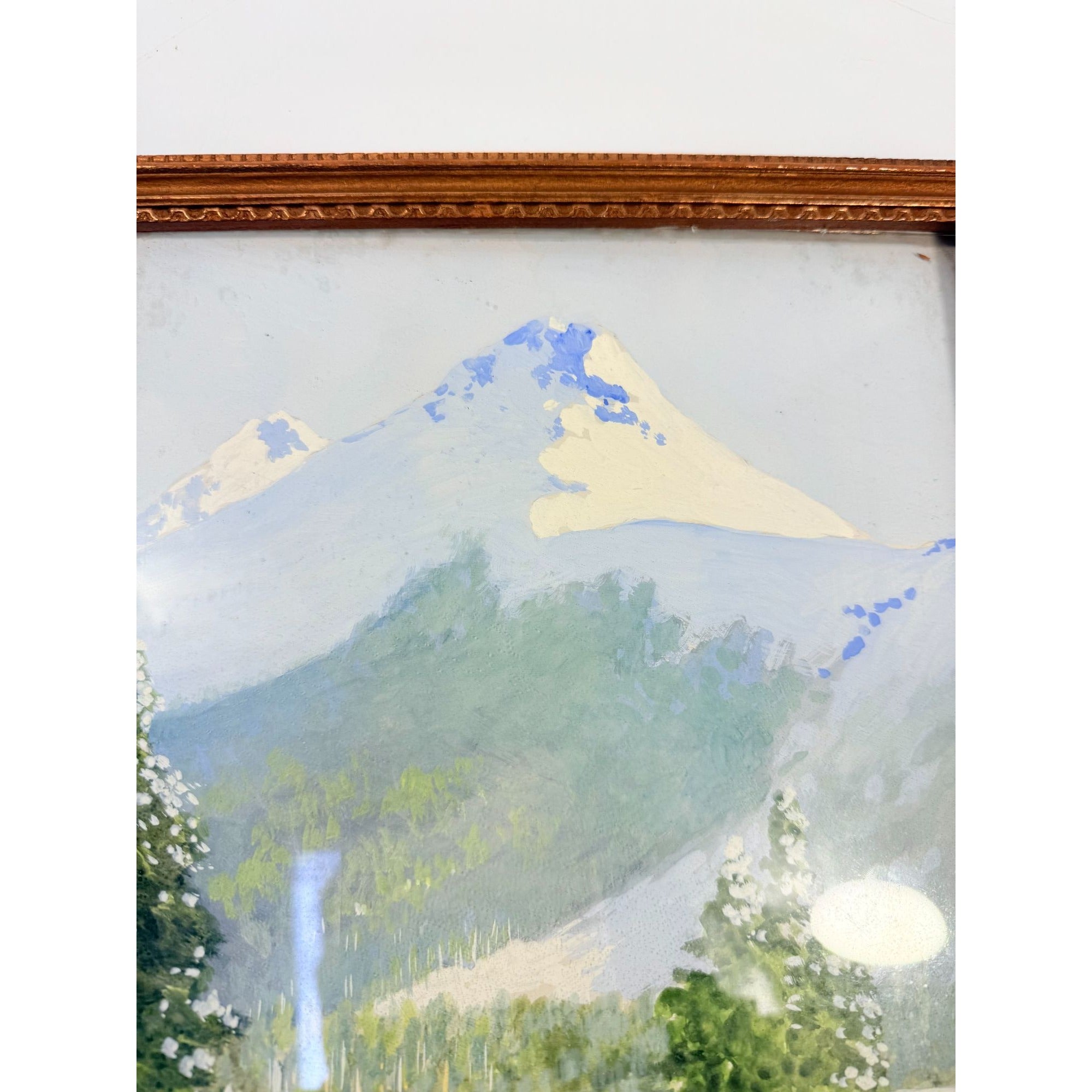Oil Painting Pastel Winter Landscape Artist signed Starbuck Jones 1936 Vinage Mountain Peks River Snow Scene Framed Home Decor Decorative