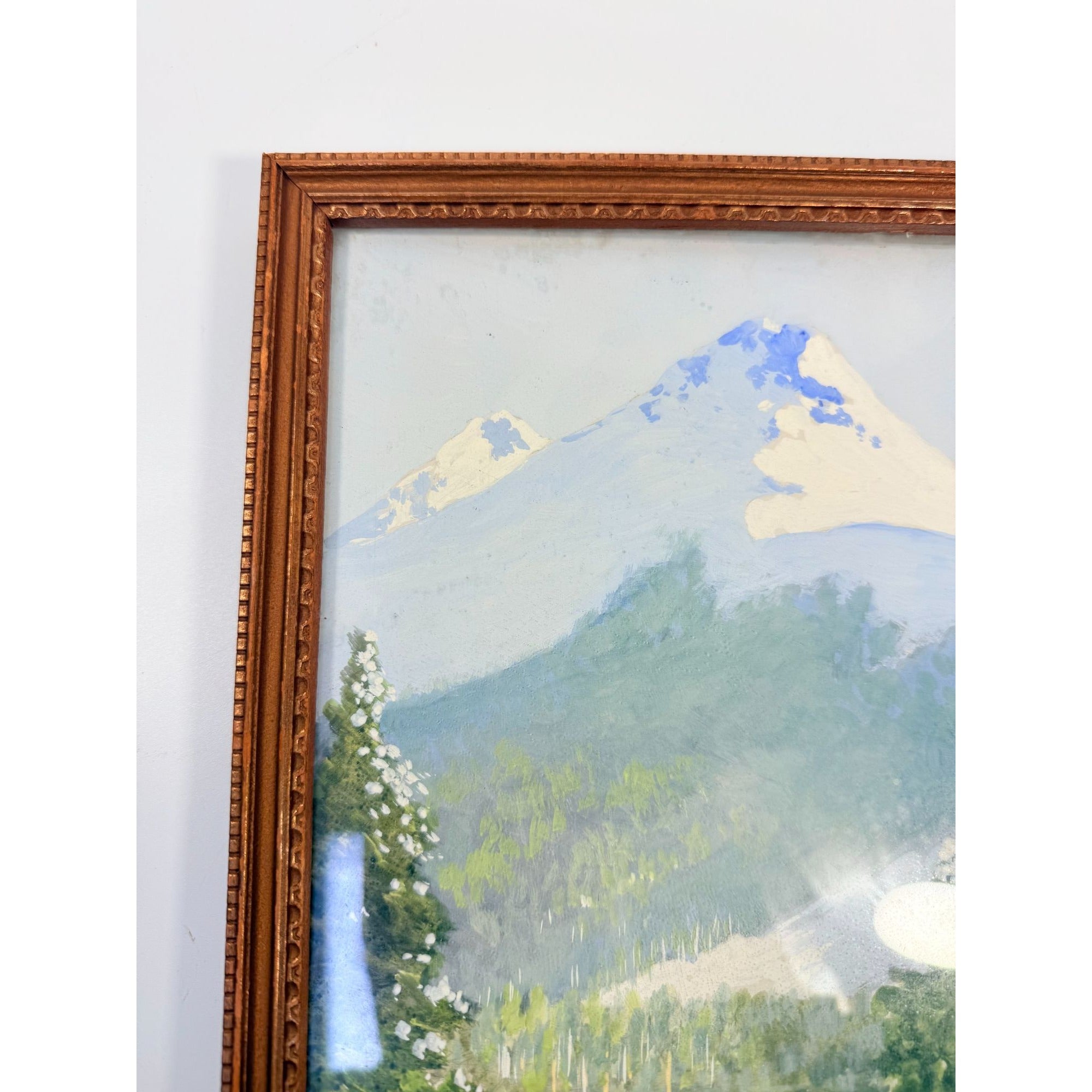Oil Painting Pastel Winter Landscape Artist signed Starbuck Jones 1936 Vinage Mountain Peks River Snow Scene Framed Home Decor Decorative