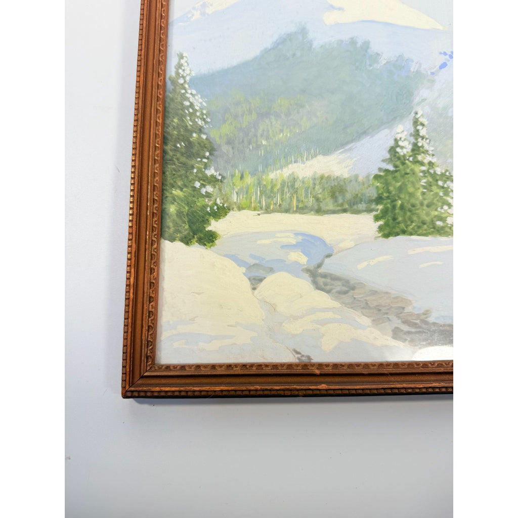 Oil Painting Pastel Winter Landscape Artist signed Starbuck Jones 1936 Vinage Mountain Peks River Snow Scene Framed Home Decor Decorative