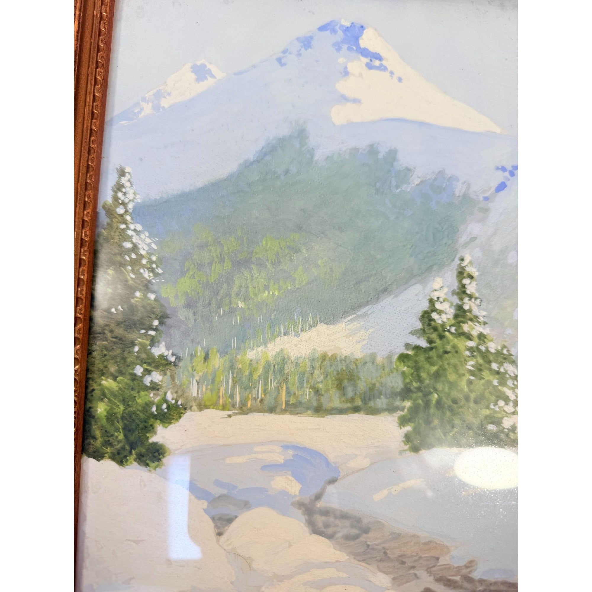 Oil Painting Pastel Winter Landscape Artist signed Starbuck Jones 1936 Vinage Mountain Peks River Snow Scene Framed Home Decor Decorative
