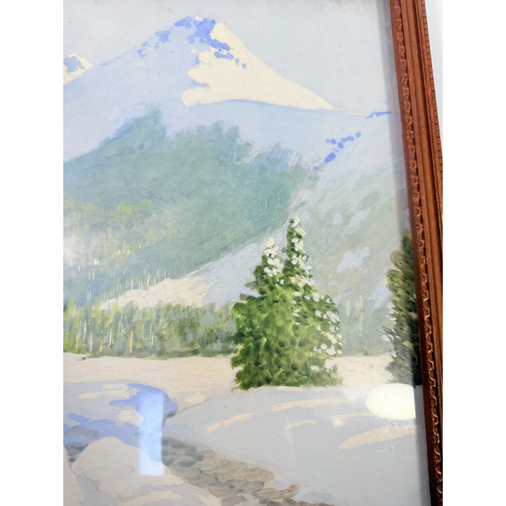Oil Painting Pastel Winter Landscape Artist signed Starbuck Jones 1936 Vinage Mountain Peks River Snow Scene Framed Home Decor Decorative