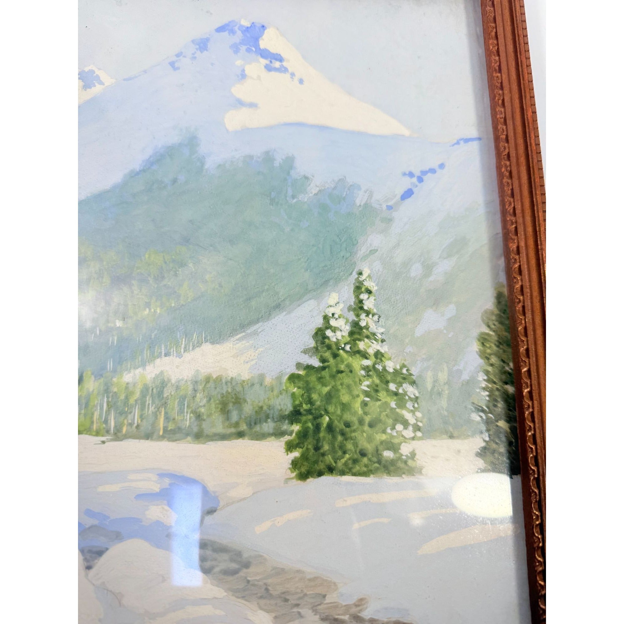 Oil Painting Pastel Winter Landscape Artist signed Starbuck Jones 1936 Vinage Mountain Peks River Snow Scene Framed Home Decor Decorative