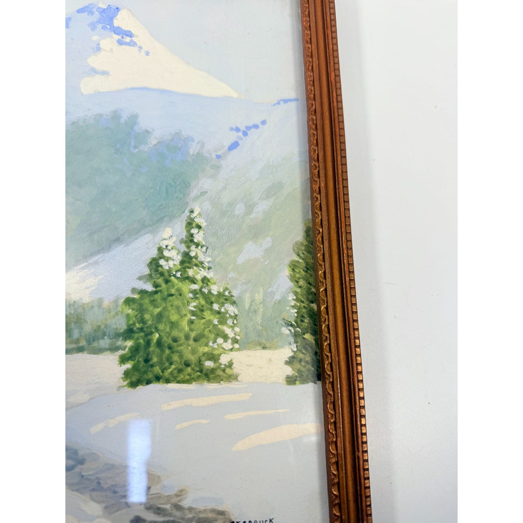 Oil Painting Pastel Winter Landscape Artist signed Starbuck Jones 1936 Vinage Mountain Peks River Snow Scene Framed Home Decor Decorative
