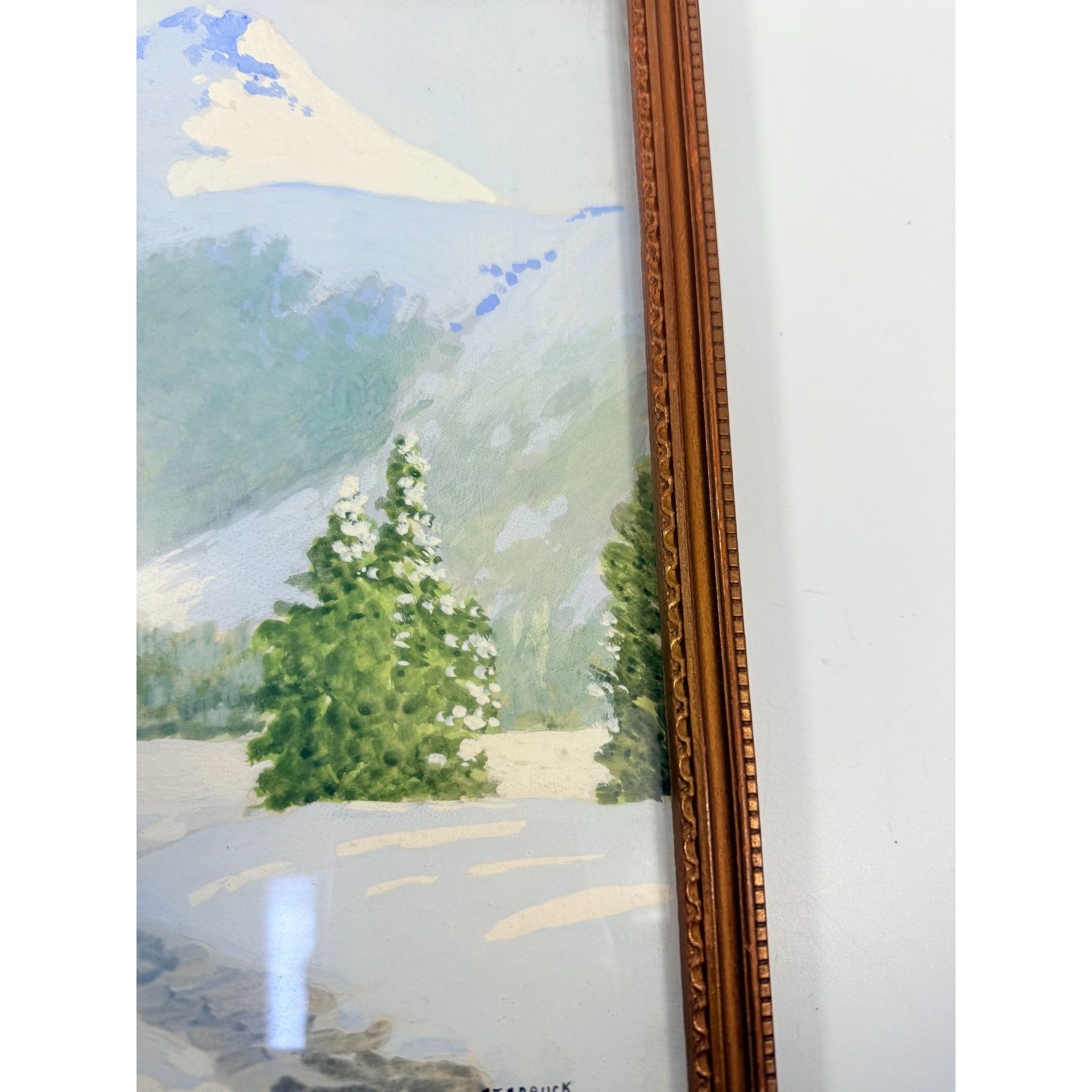 Oil Painting Pastel Winter Landscape Artist signed Starbuck Jones 1936 Vinage Mountain Peks River Snow Scene Framed Home Decor Decorative