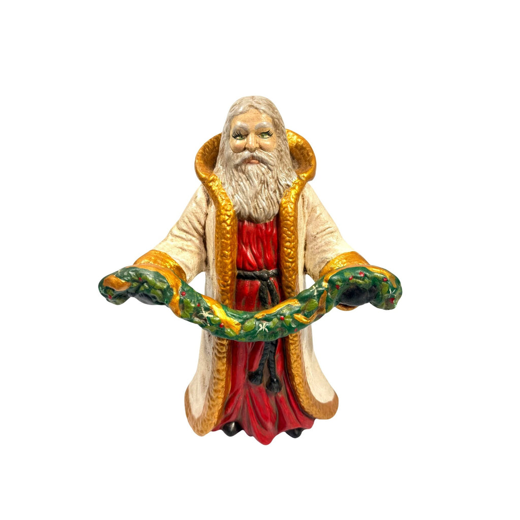 Santa Statue Figurine Father Christmas Hand Painted Ceramaic Mold Vintage Mid Century Holding Garland Wreath Gold trimmed Robe Holiday