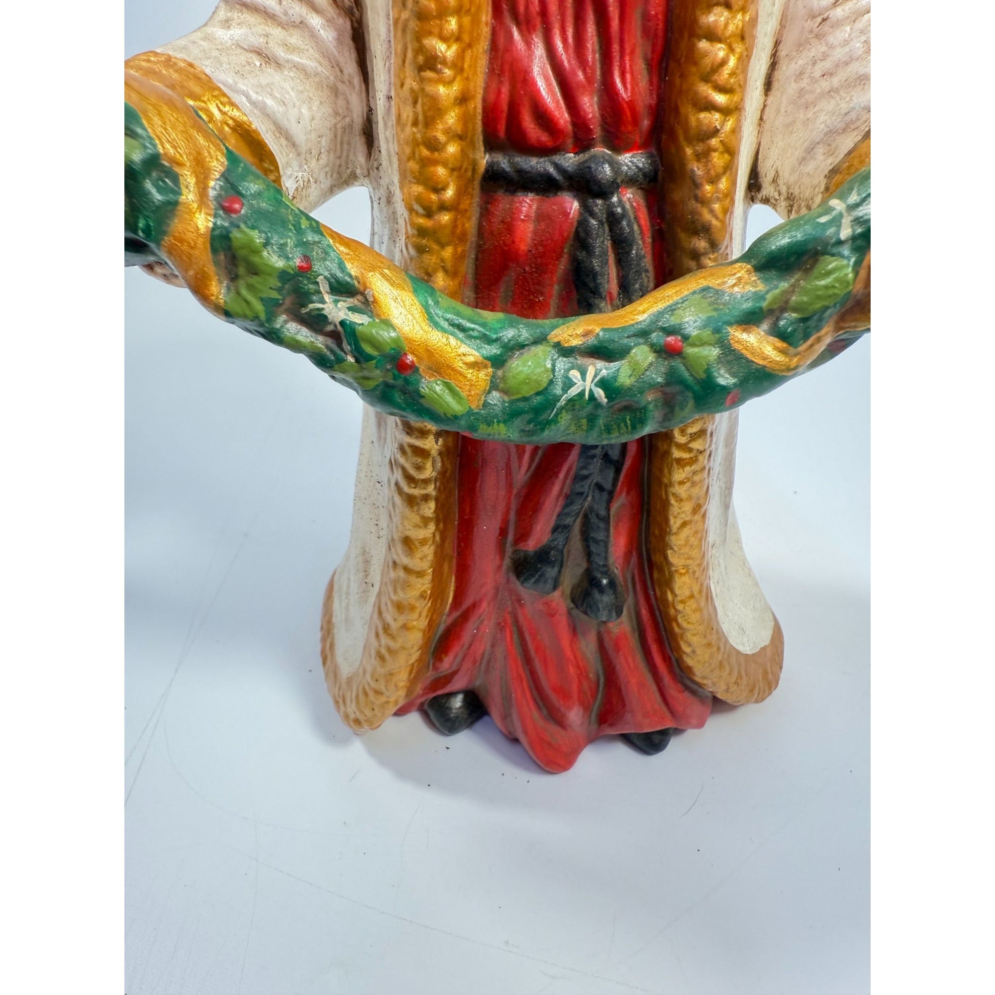 Santa Statue Figurine Father Christmas Hand Painted Ceramaic Mold Vintage Mid Century Holding Garland Wreath Gold trimmed Robe Holiday