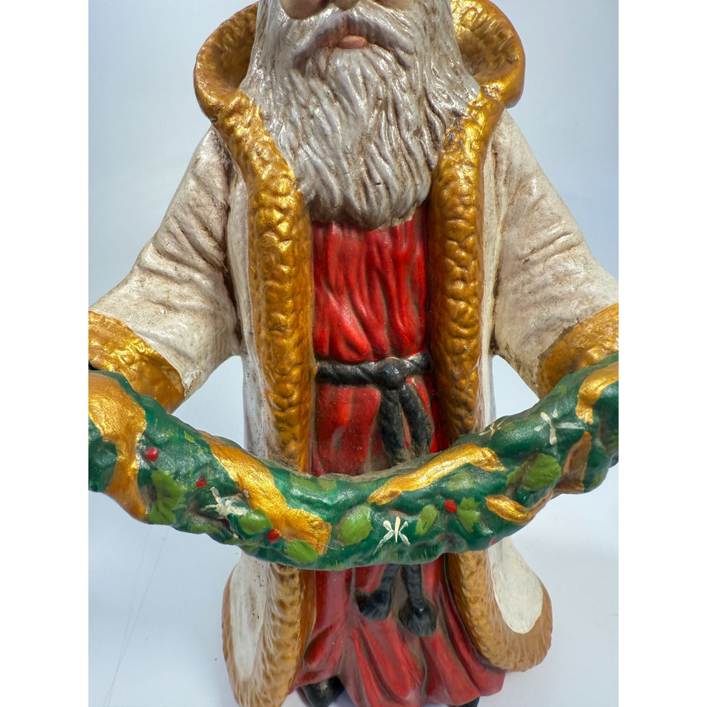 Santa Statue Figurine Father Christmas Hand Painted Ceramaic Mold Vintage Mid Century Holding Garland Wreath Gold trimmed Robe Holiday