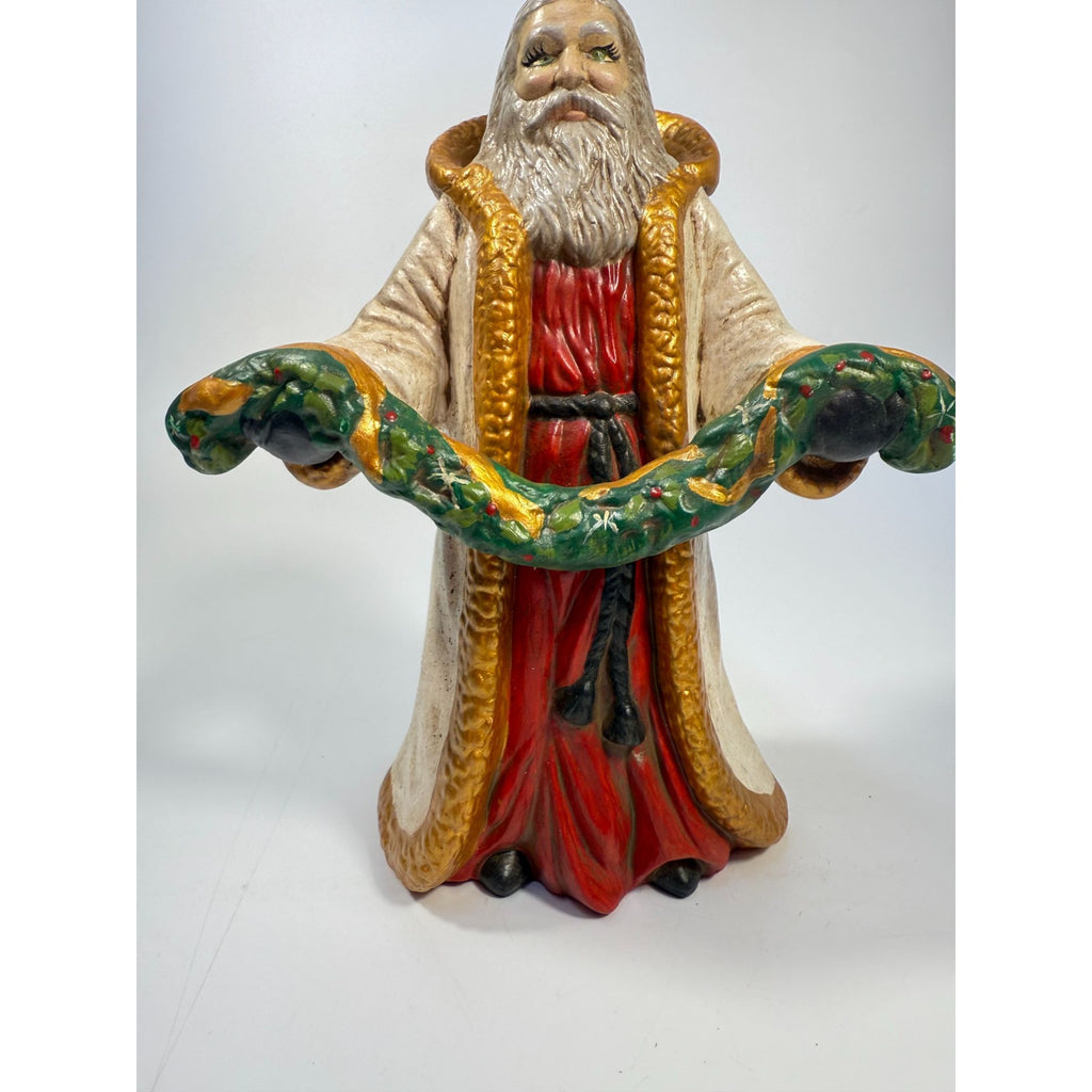 Santa Statue Figurine Father Christmas Hand Painted Ceramaic Mold Vintage Mid Century Holding Garland Wreath Gold trimmed Robe Holiday