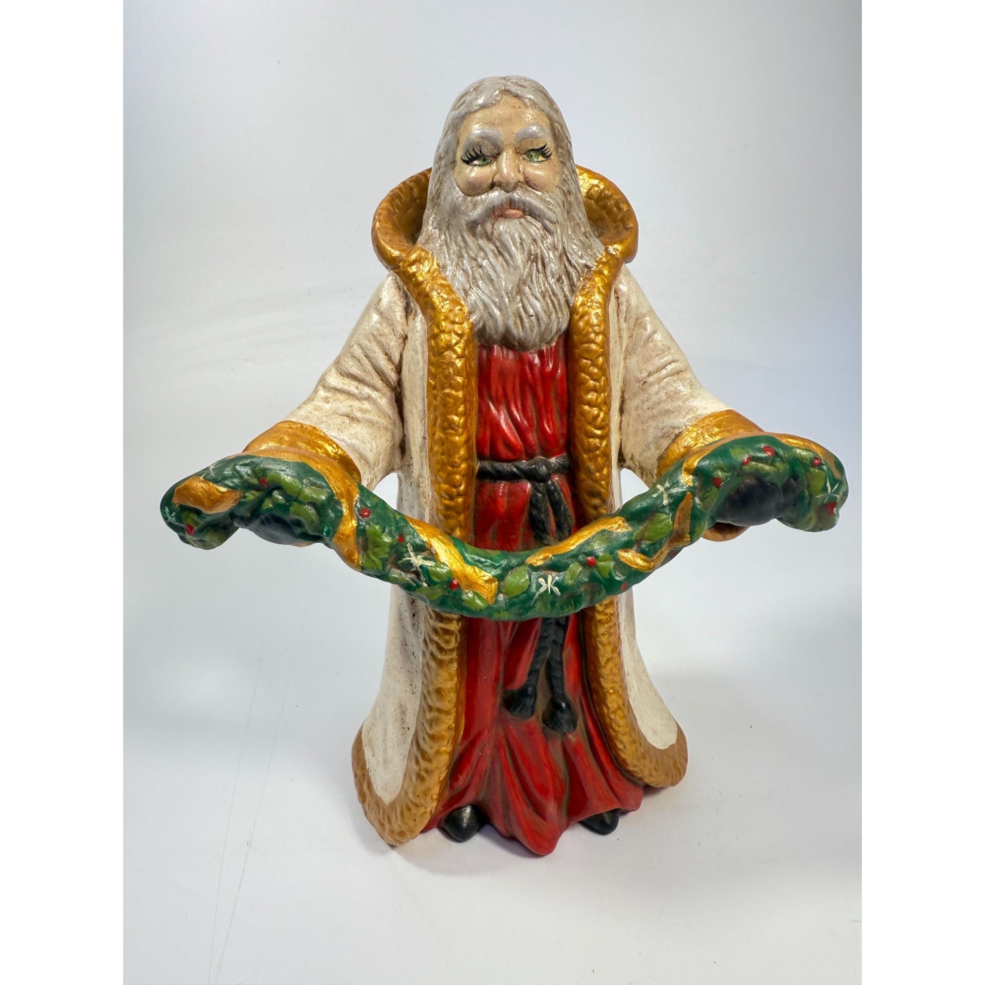 Santa Statue Figurine Father Christmas Hand Painted Ceramaic Mold Vintage Mid Century Holding Garland Wreath Gold trimmed Robe Holiday