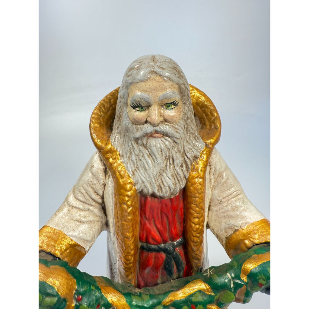 Santa Statue Figurine Father Christmas Hand Painted Ceramaic Mold Vintage Mid Century Holding Garland Wreath Gold trimmed Robe Holiday