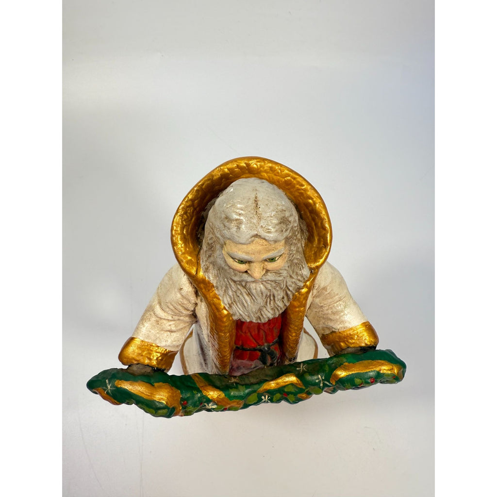 Santa Statue Figurine Father Christmas Hand Painted Ceramaic Mold Vintage Mid Century Holding Garland Wreath Gold trimmed Robe Holiday