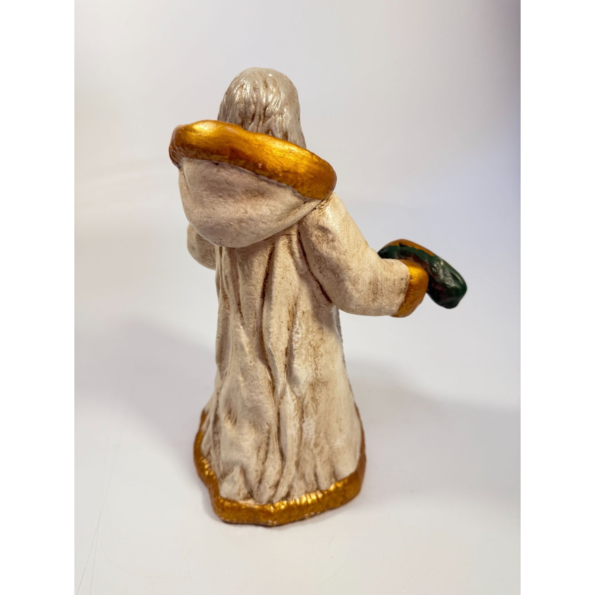 Santa Statue Figurine Father Christmas Hand Painted Ceramaic Mold Vintage Mid Century Holding Garland Wreath Gold trimmed Robe Holiday