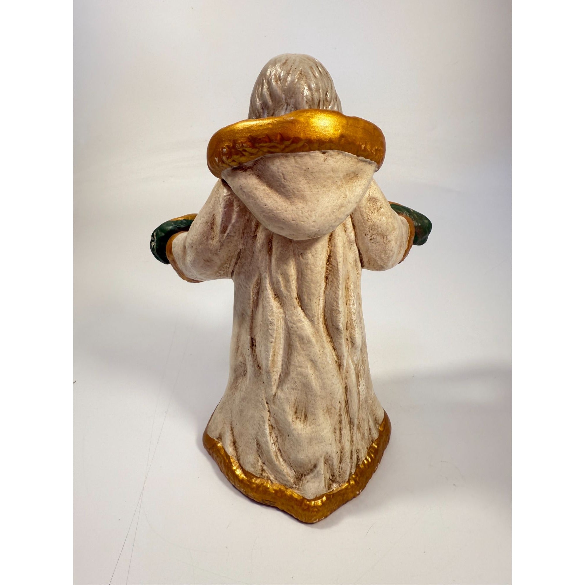 Santa Statue Figurine Father Christmas Hand Painted Ceramaic Mold Vintage Mid Century Holding Garland Wreath Gold trimmed Robe Holiday
