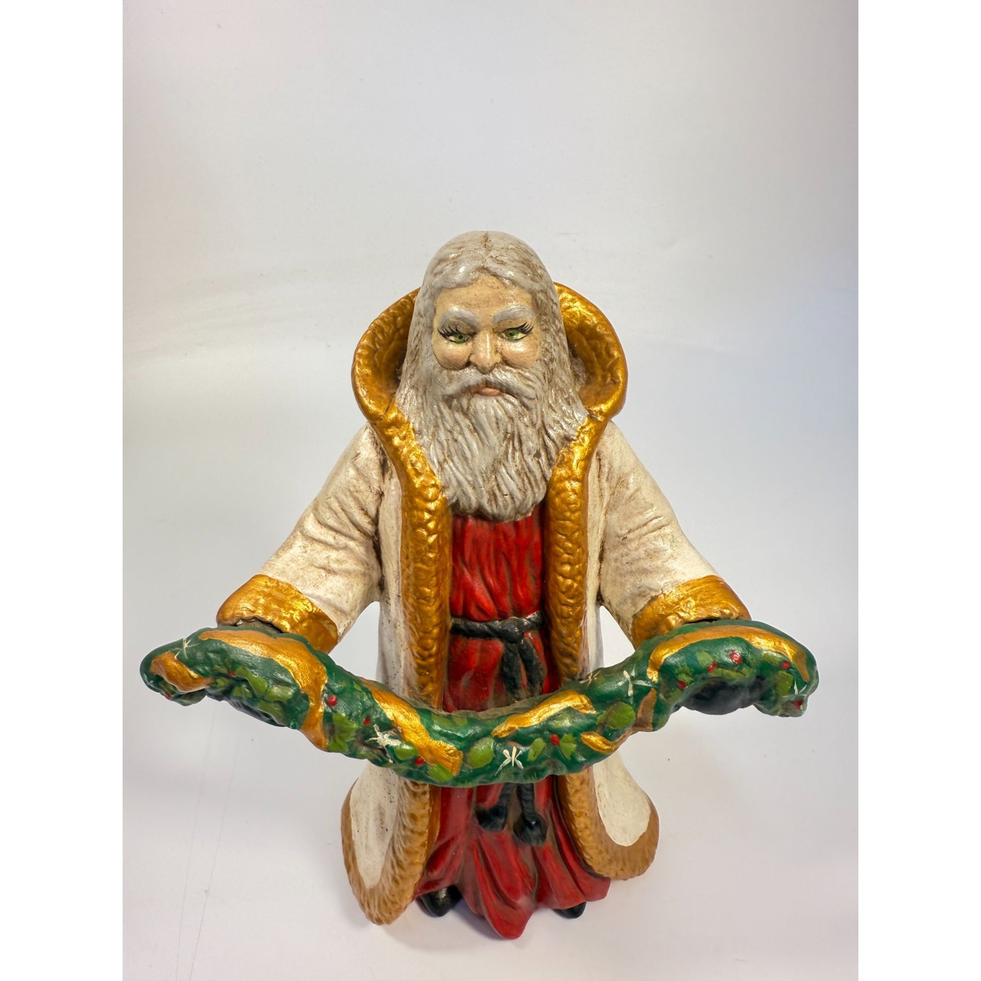 Santa Statue Figurine Father Christmas Hand Painted Ceramaic Mold Vintage Mid Century Holding Garland Wreath Gold trimmed Robe Holiday