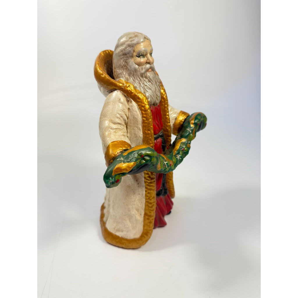 Santa Statue Figurine Father Christmas Hand Painted Ceramaic Mold Vintage Mid Century Holding Garland Wreath Gold trimmed Robe Holiday