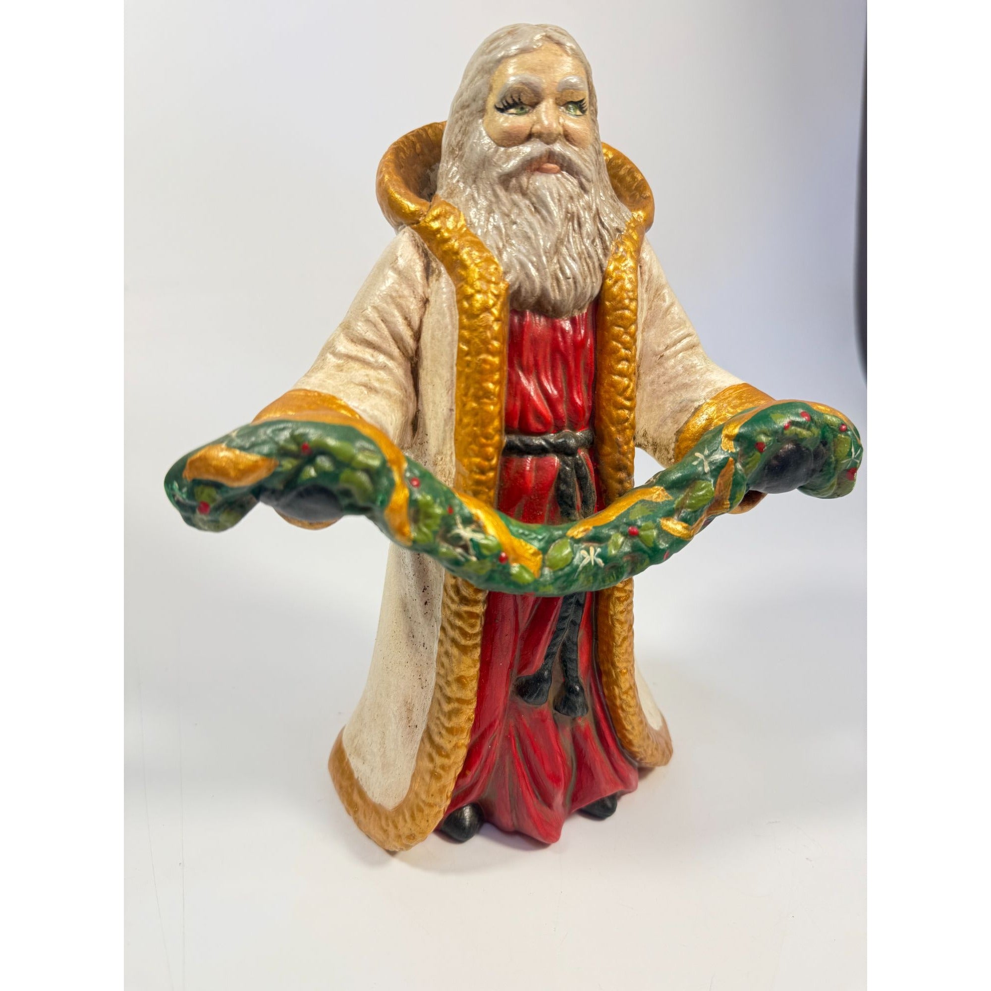 Santa Statue Figurine Father Christmas Hand Painted Ceramaic Mold Vintage Mid Century Holding Garland Wreath Gold trimmed Robe Holiday