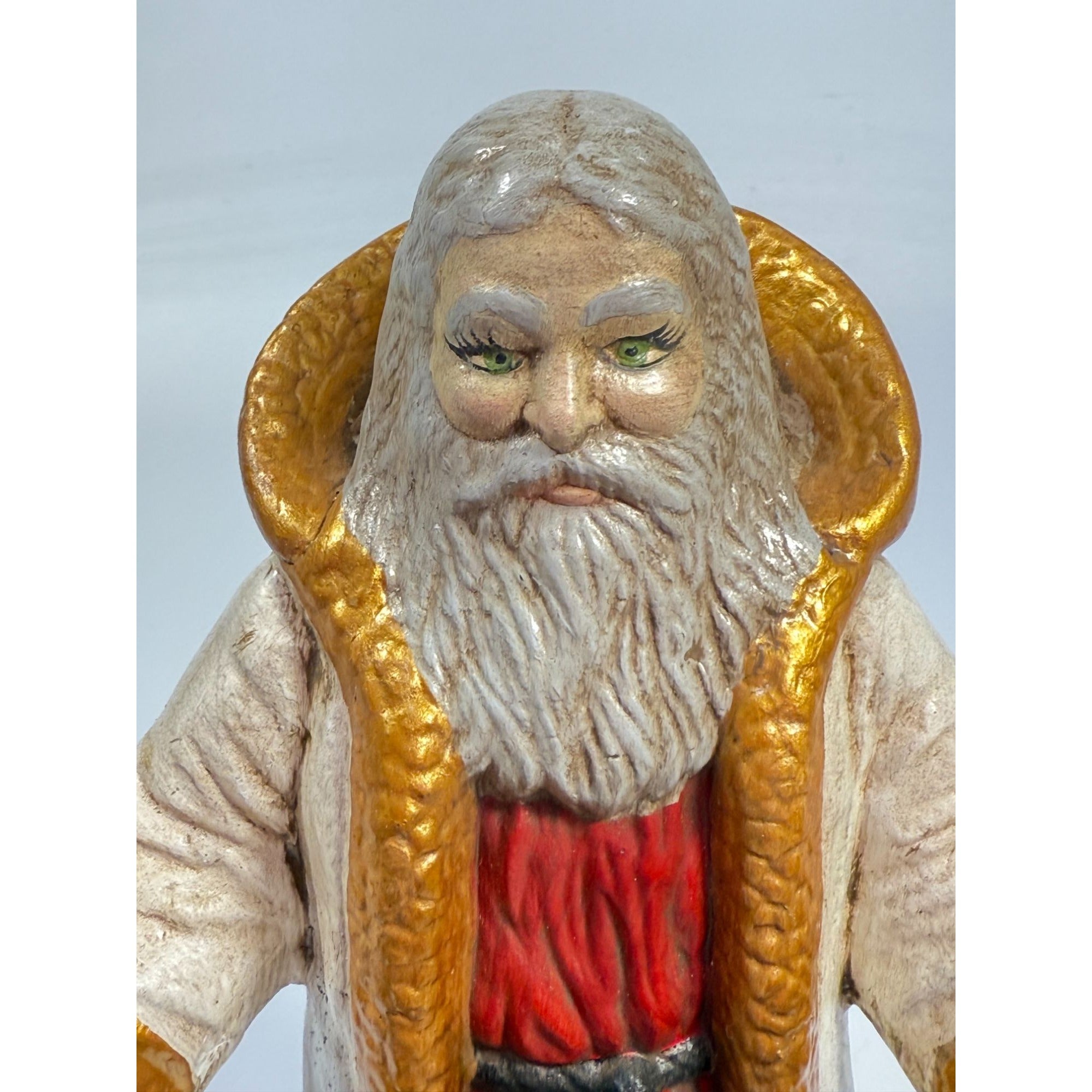 Santa Statue Figurine Father Christmas Hand Painted Ceramaic Mold Vintage Mid Century Holding Garland Wreath Gold trimmed Robe Holiday
