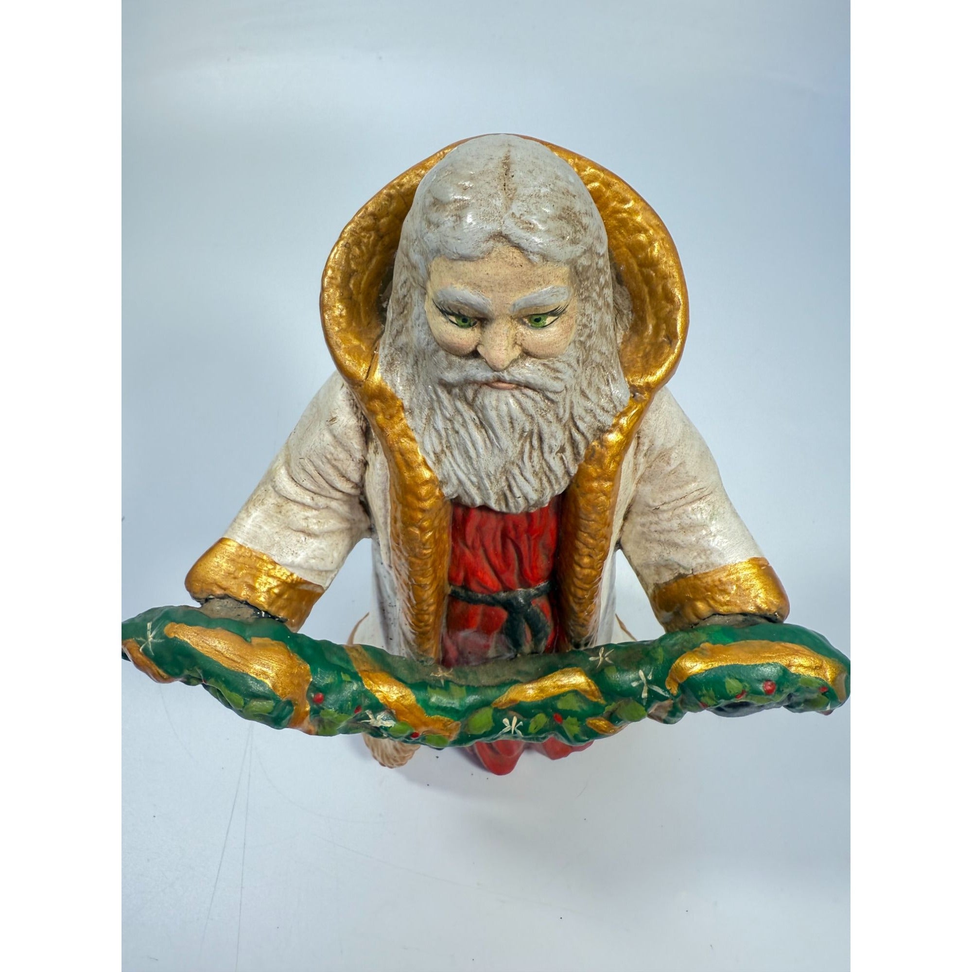 Santa Statue Figurine Father Christmas Hand Painted Ceramaic Mold Vintage Mid Century Holding Garland Wreath Gold trimmed Robe Holiday
