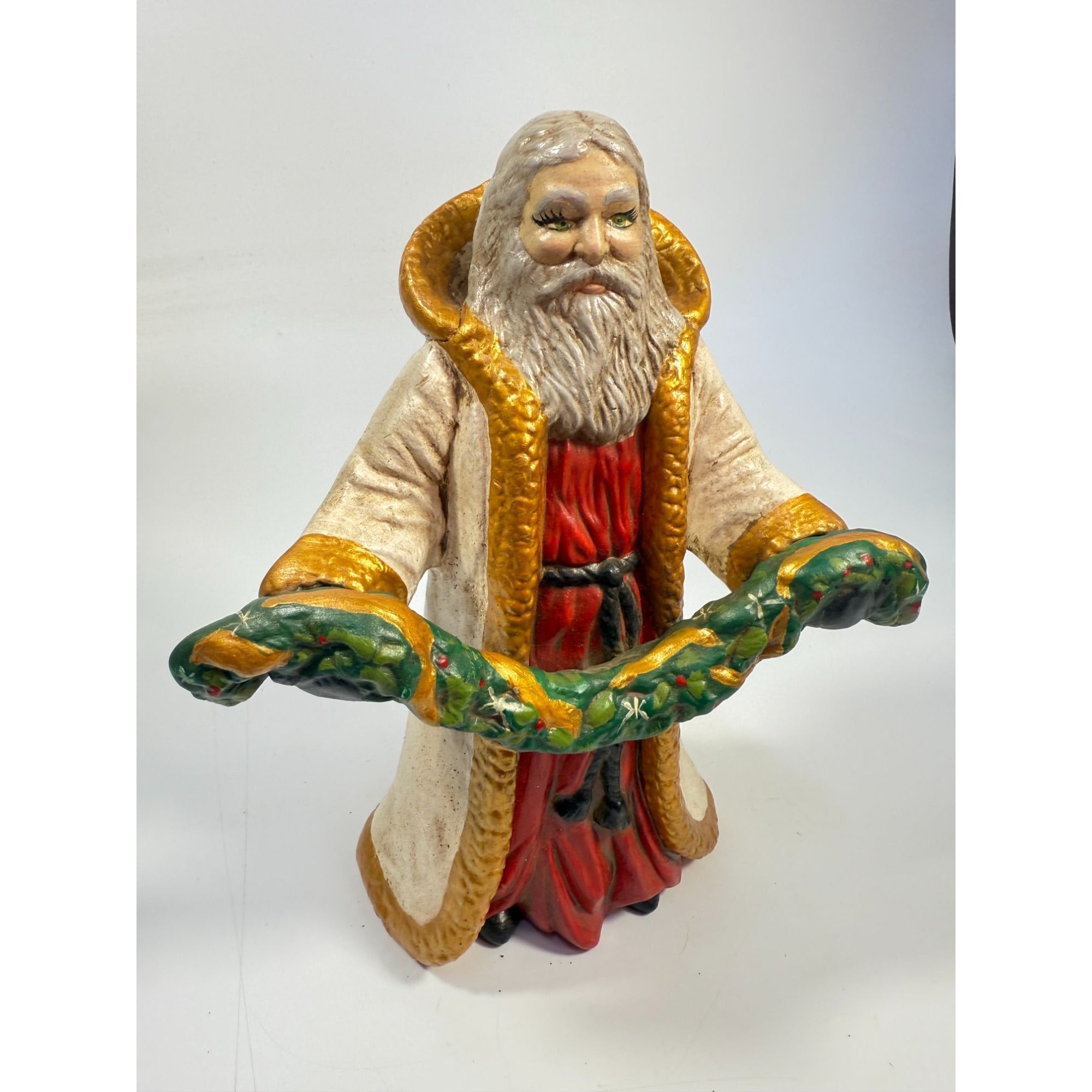 Santa Statue Figurine Father Christmas Hand Painted Ceramaic Mold Vintage Mid Century Holding Garland Wreath Gold trimmed Robe Holiday