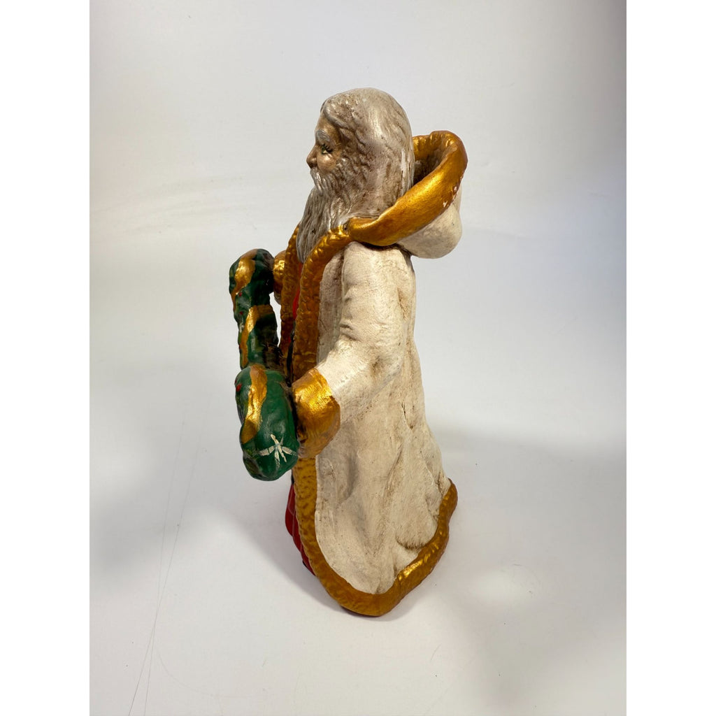 Santa Statue Figurine Father Christmas Hand Painted Ceramaic Mold Vintage Mid Century Holding Garland Wreath Gold trimmed Robe Holiday