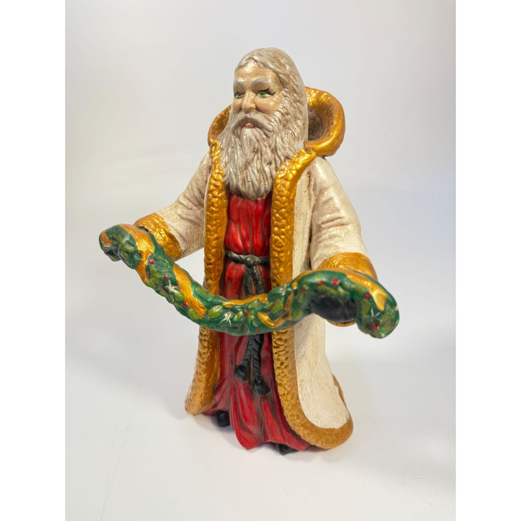 Santa Statue Figurine Father Christmas Hand Painted Ceramaic Mold Vintage Mid Century Holding Garland Wreath Gold trimmed Robe Holiday