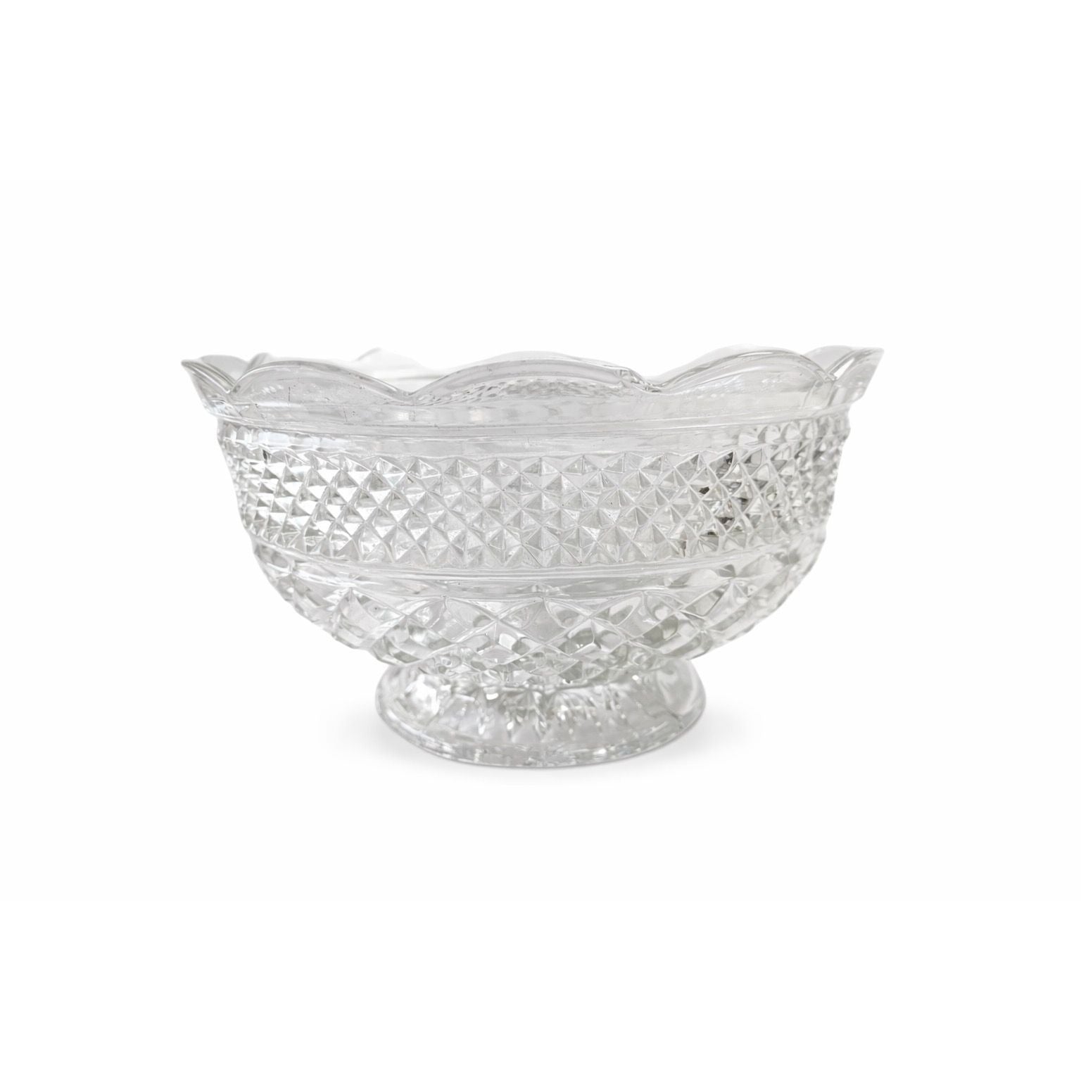 Bowl Fruit Salad Compote Pedestal Footed Centerpiece Anchor Hocking Wexford Vintage Pressed Glass Diamond Point Glassware Scalloped Edge