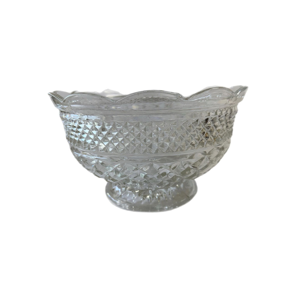 Bowl Fruit Salad Compote Pedestal Footed Centerpiece Anchor Hocking Wexford Vintage Pressed Glass Diamond Point Glassware Scalloped Edge