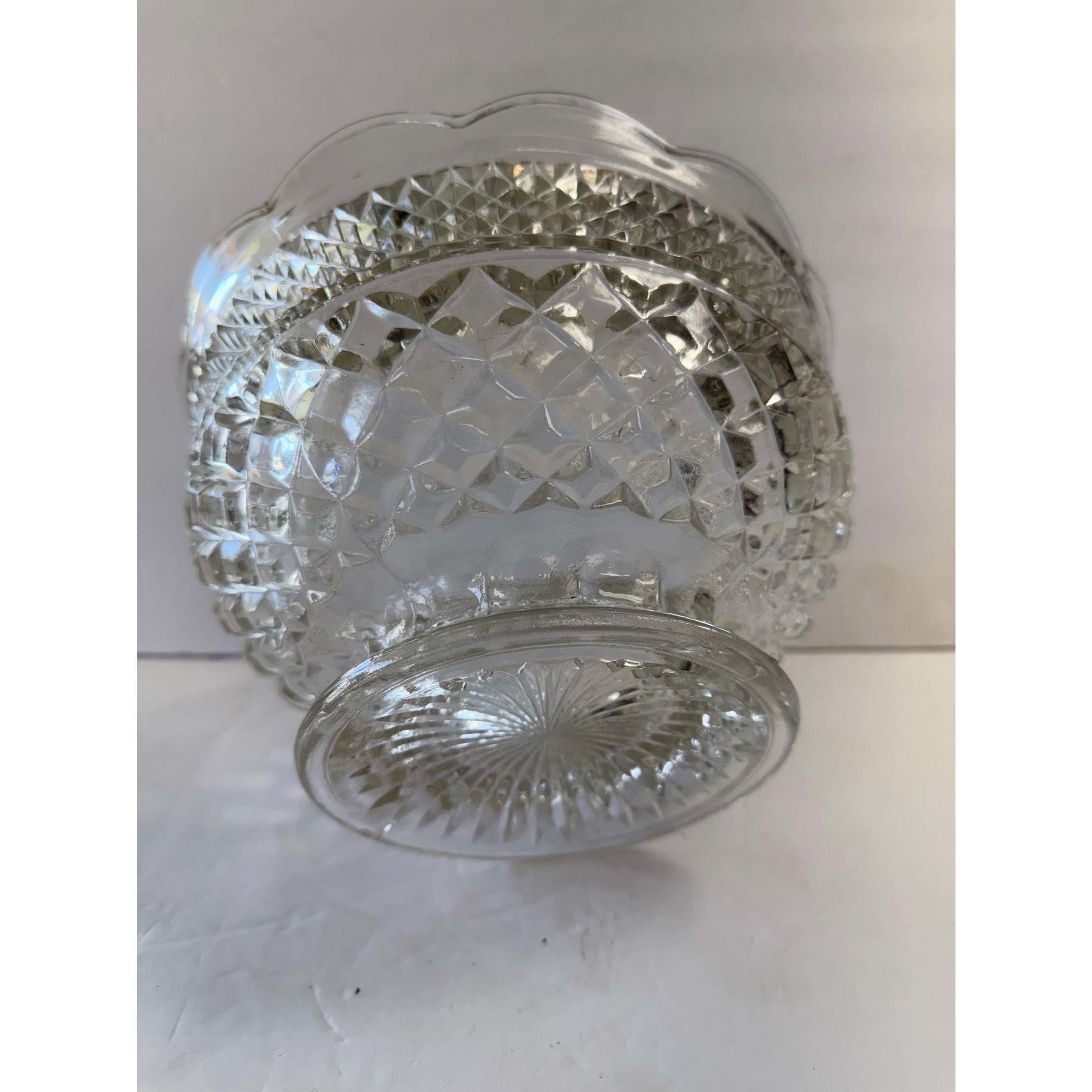Bowl Fruit Salad Compote Pedestal Footed Centerpiece Anchor Hocking Wexford Vintage Pressed Glass Diamond Point Glassware Scalloped Edge