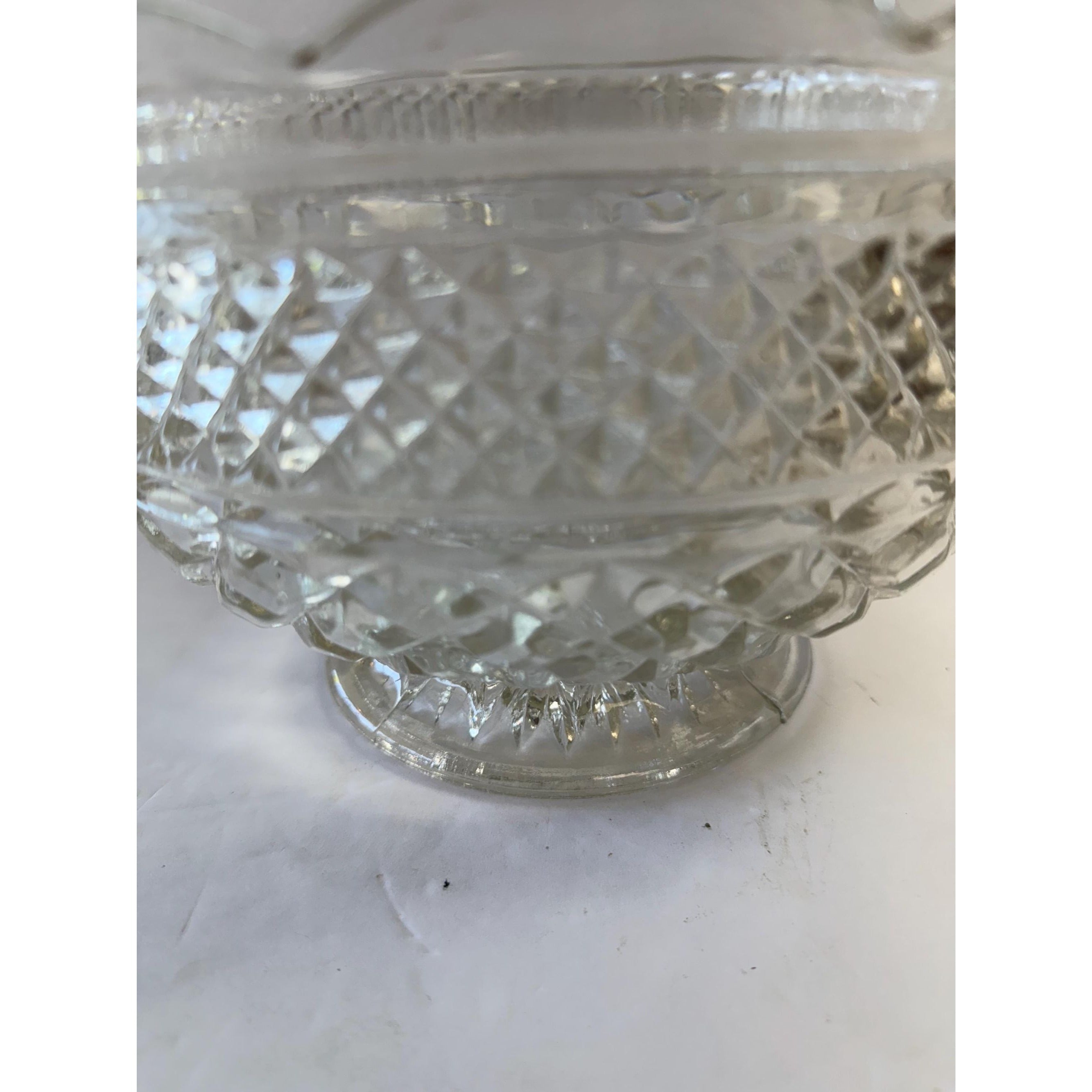 Bowl Fruit Salad Compote Pedestal Footed Centerpiece Anchor Hocking Wexford Vintage Pressed Glass Diamond Point Glassware Scalloped Edge