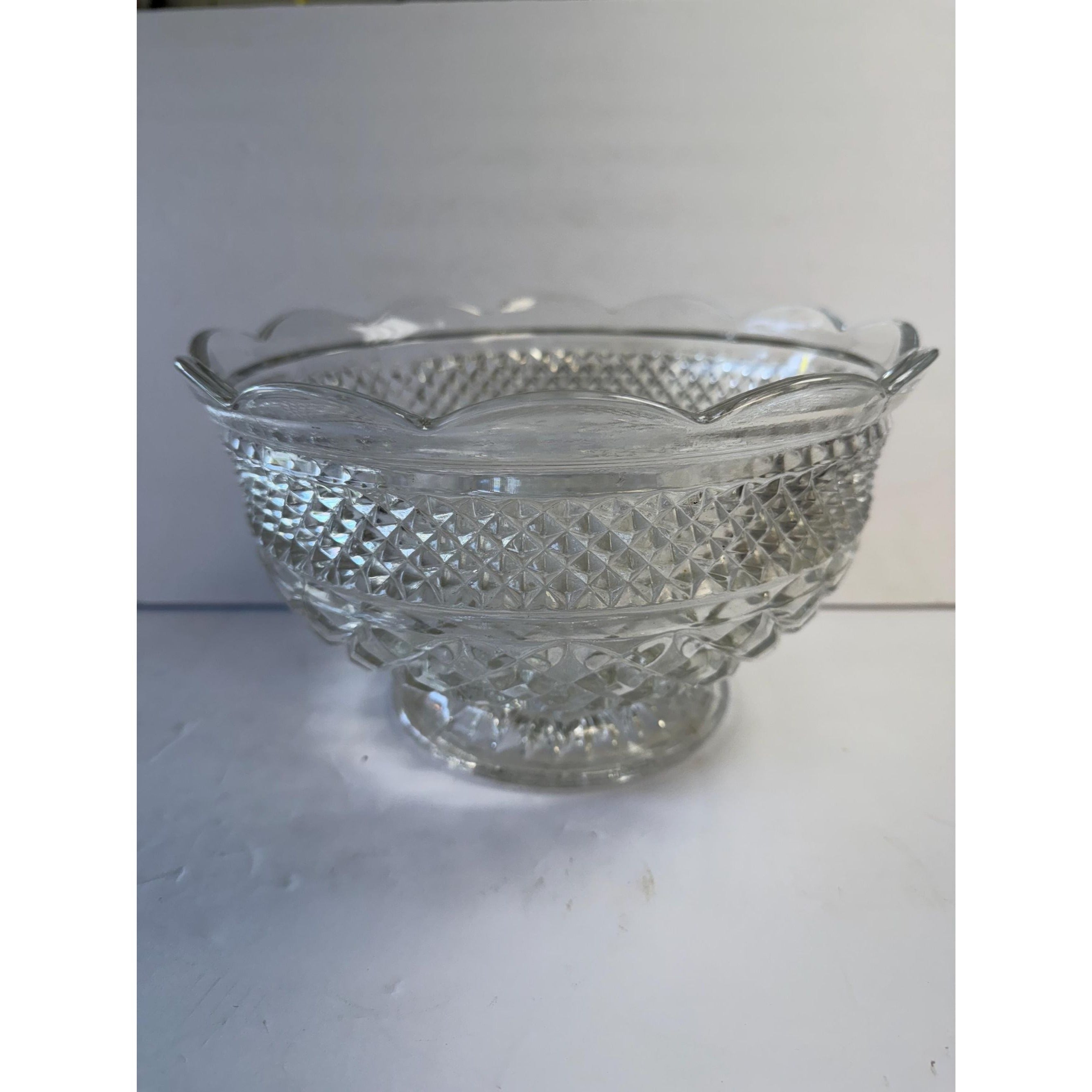 Bowl Fruit Salad Compote Pedestal Footed Centerpiece Anchor Hocking Wexford Vintage Pressed Glass Diamond Point Glassware Scalloped Edge