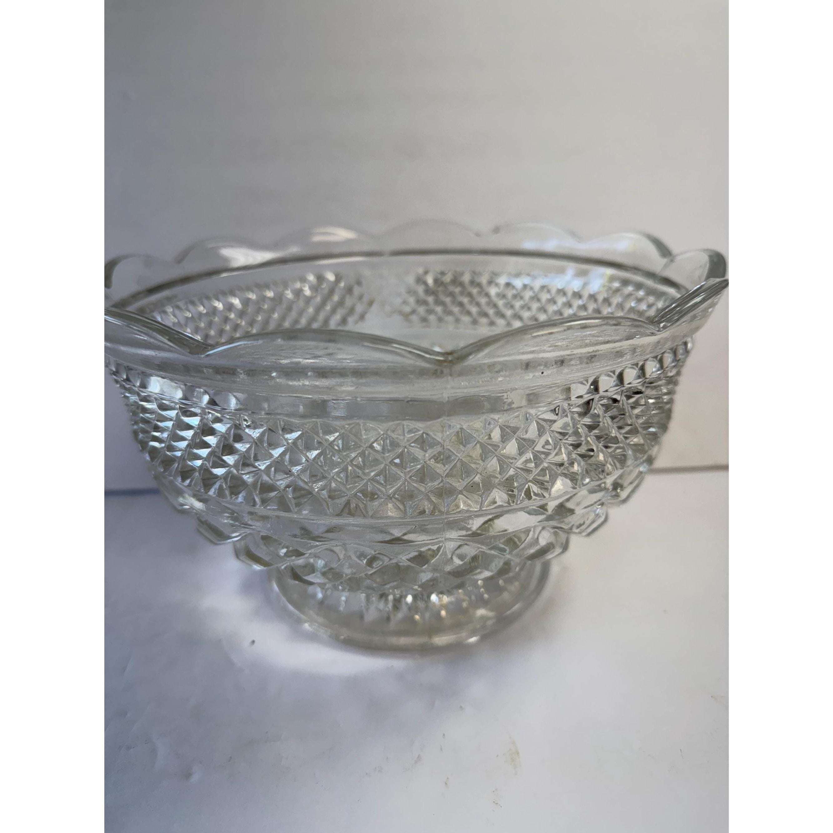 Bowl Fruit Salad Compote Pedestal Footed Centerpiece Anchor Hocking Wexford Vintage Pressed Glass Diamond Point Glassware Scalloped Edge