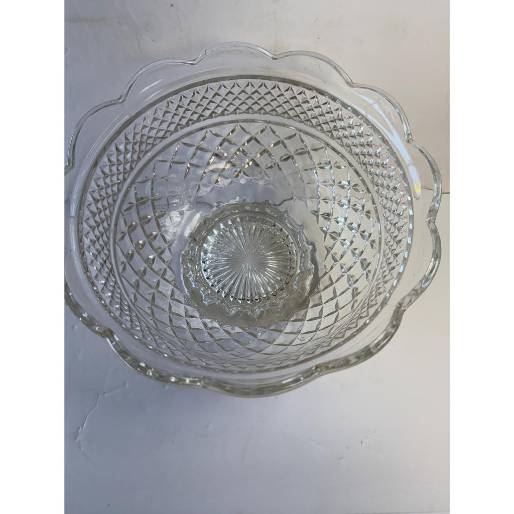 Bowl Fruit Salad Compote Pedestal Footed Centerpiece Anchor Hocking Wexford Vintage Pressed Glass Diamond Point Glassware Scalloped Edge