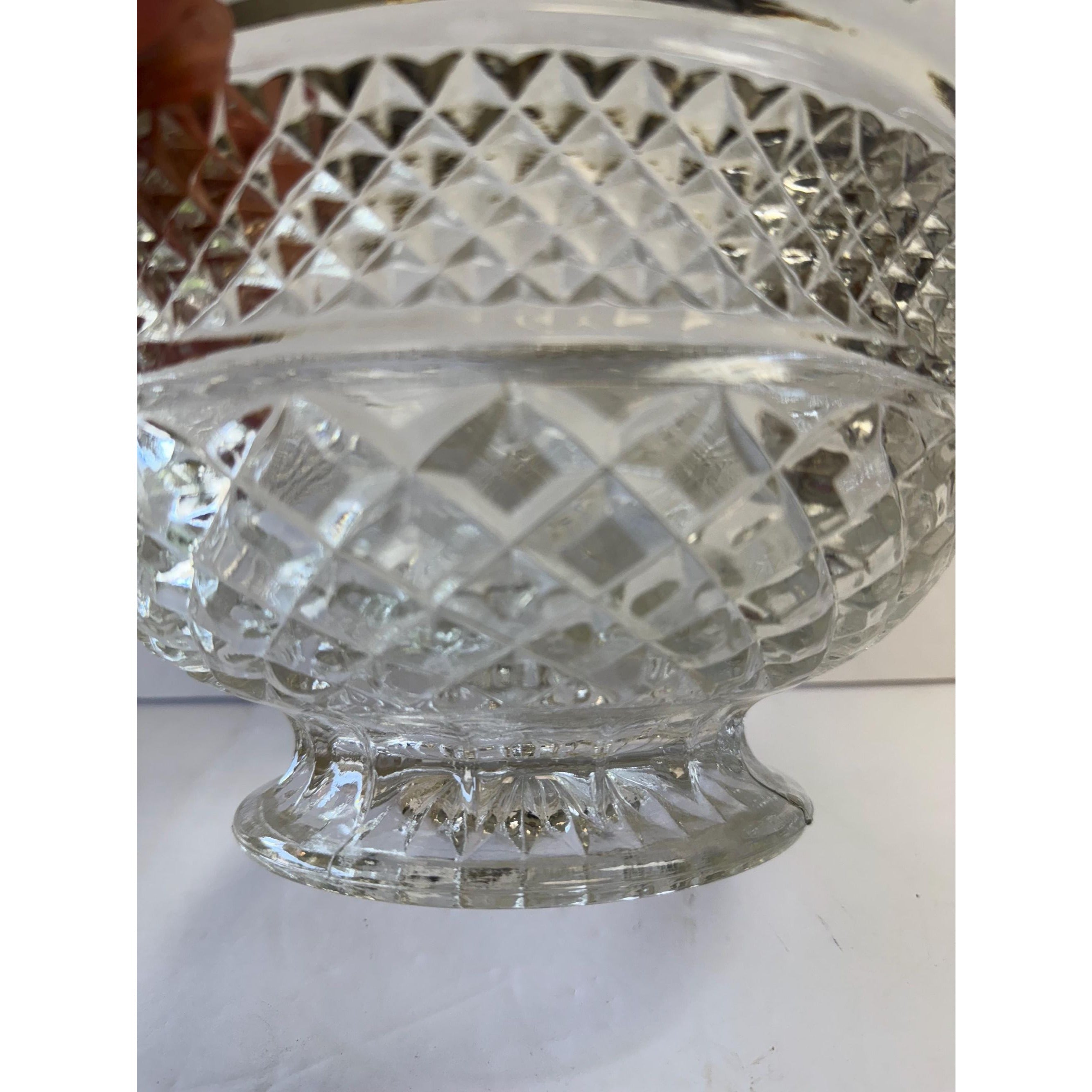 Bowl Fruit Salad Compote Pedestal Footed Centerpiece Anchor Hocking Wexford Vintage Pressed Glass Diamond Point Glassware Scalloped Edge