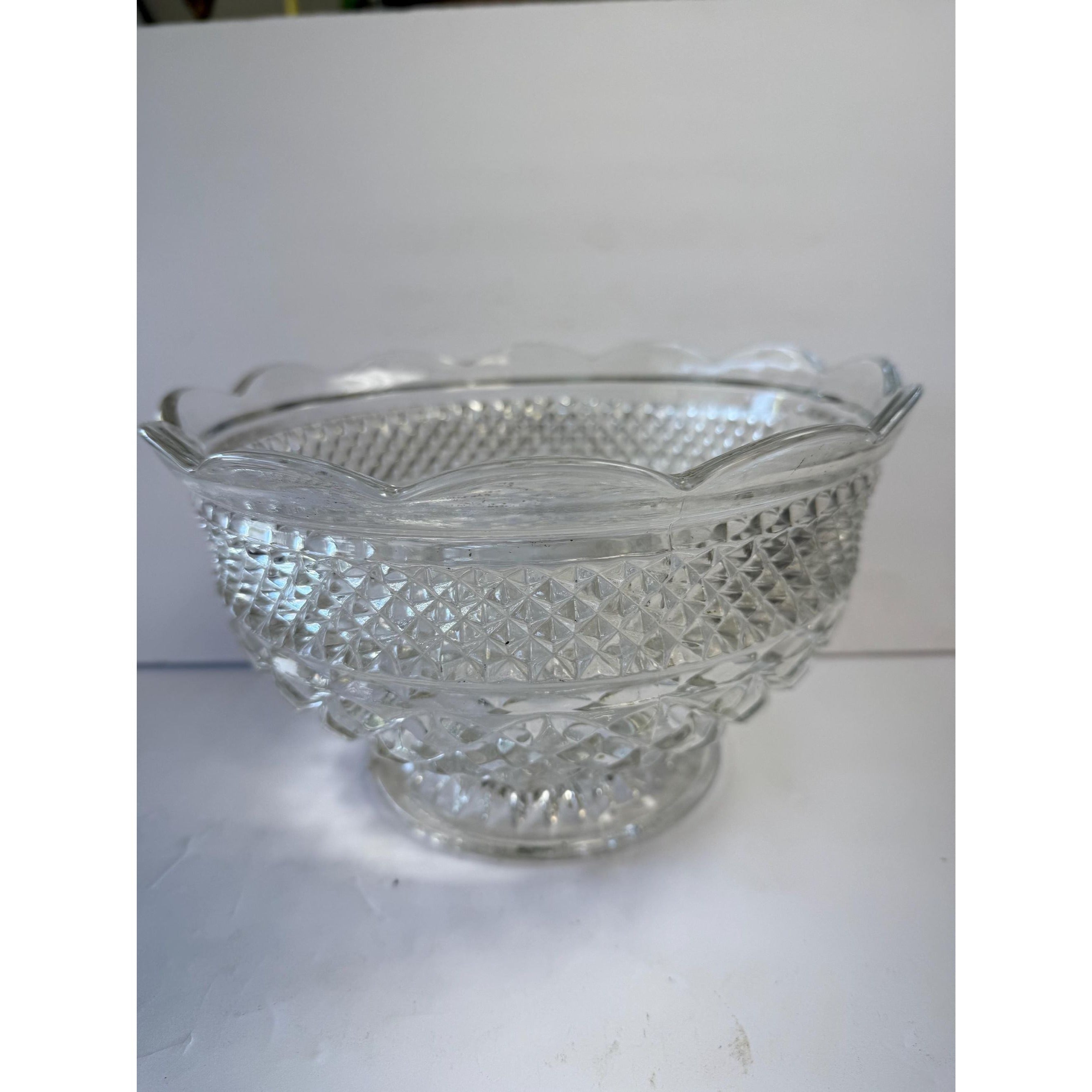 Bowl Fruit Salad Compote Pedestal Footed Centerpiece Anchor Hocking Wexford Vintage Pressed Glass Diamond Point Glassware Scalloped Edge