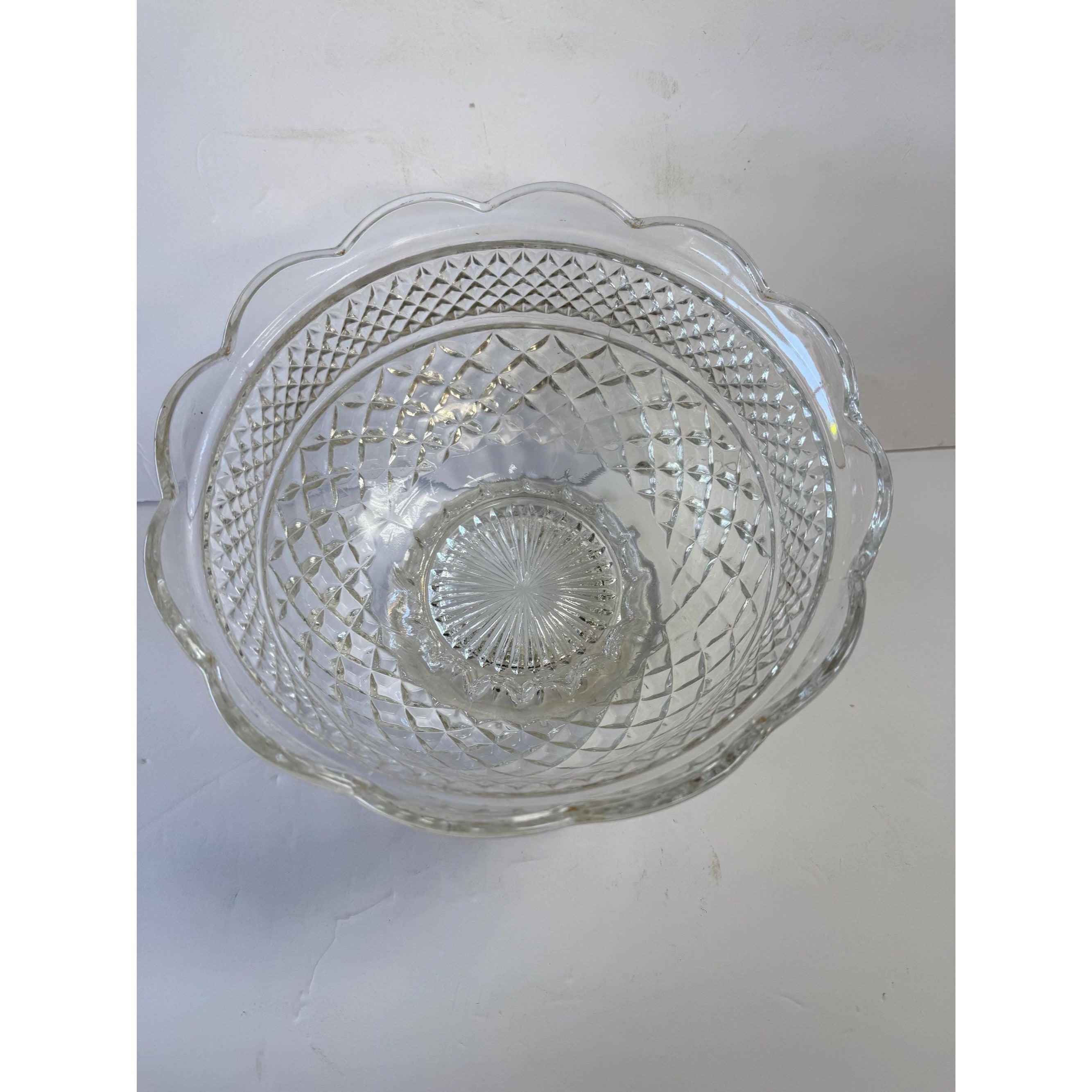 Bowl Fruit Salad Compote Pedestal Footed Centerpiece Anchor Hocking Wexford Vintage Pressed Glass Diamond Point Glassware Scalloped Edge