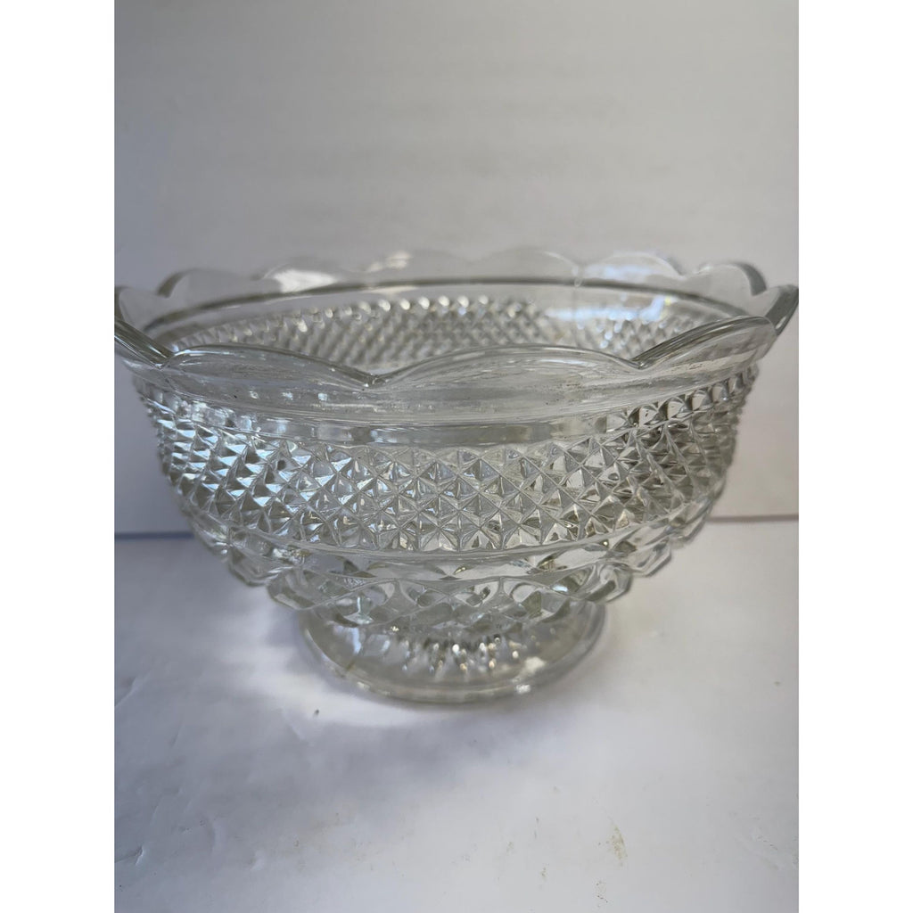 Bowl Fruit Salad Compote Pedestal Footed Centerpiece Anchor Hocking Wexford Vintage Pressed Glass Diamond Point Glassware Scalloped Edge