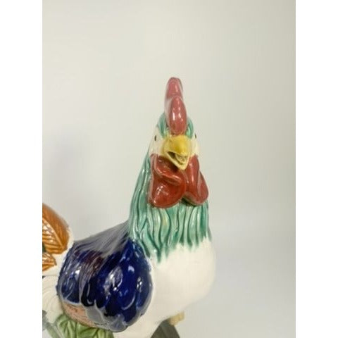 Rooster Figurine Statue Vintage Large Pottery Ceramic Hand Painted Majolica Chicken Home Kitchen Decor Decorative Accents Farmhouse Country